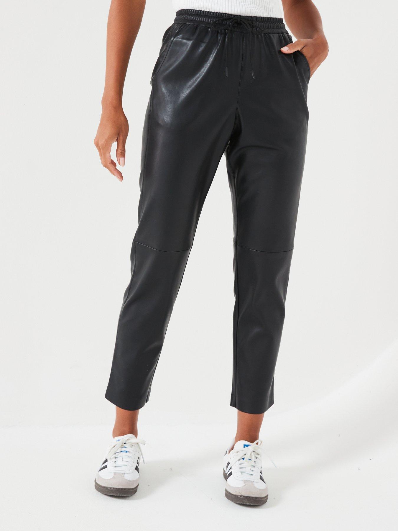 Image 1 of 6 of V by Very Faux Leather Stretch Waistband Straight Leg Trousers - Black