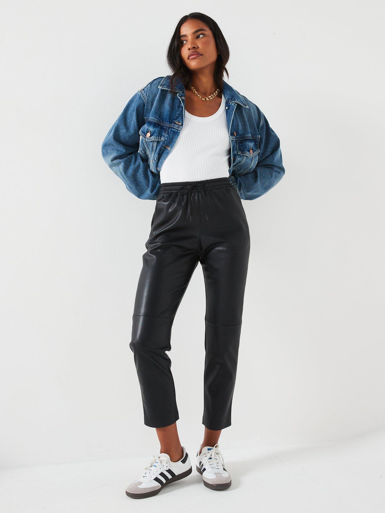 Image 4 of 6 of V by Very Faux Leather Stretch Waistband Straight Leg Trousers - Black