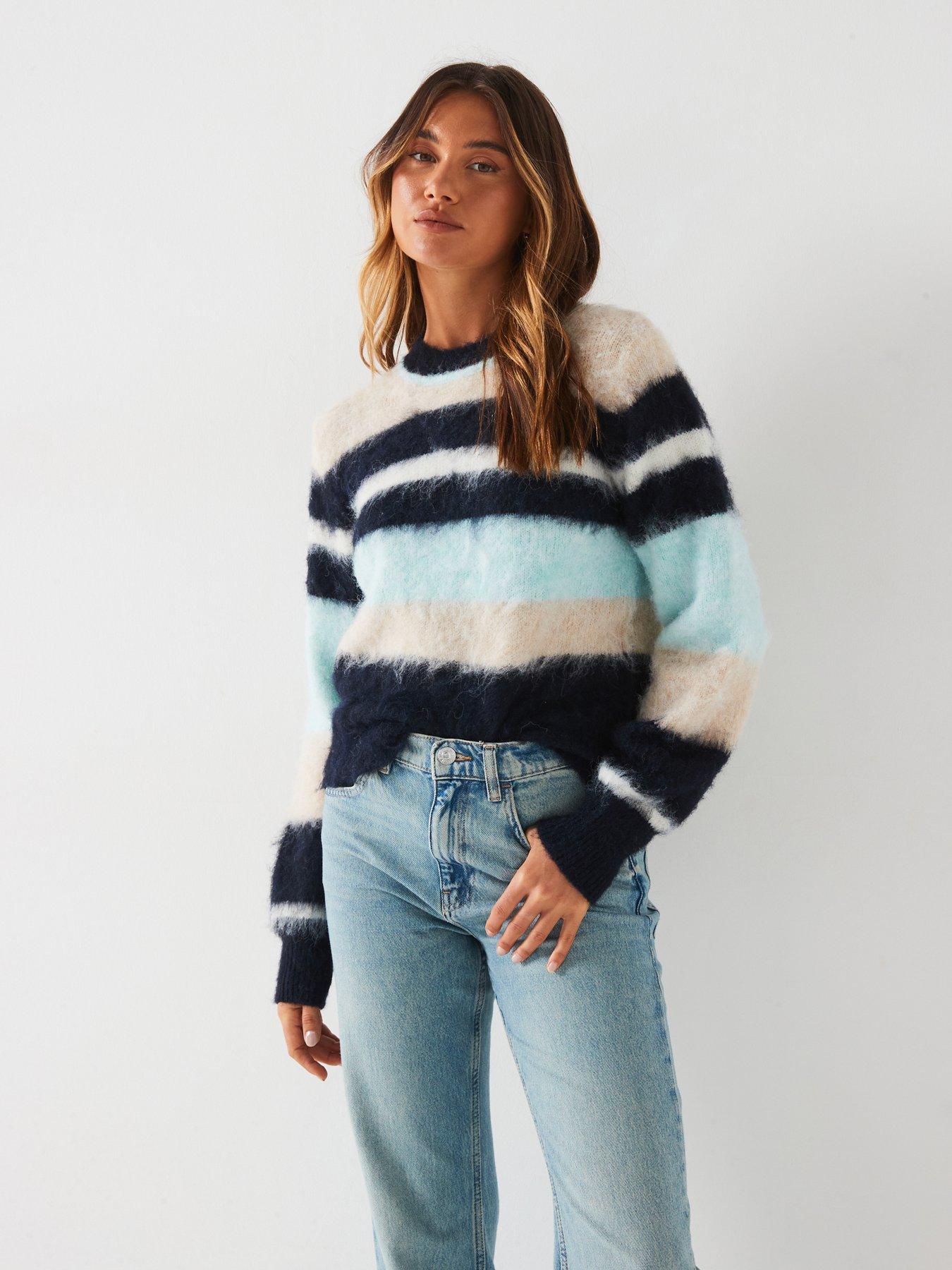 undefined Crew Neck Fluffy Longline Stripe Jumper with Wool  - Multi