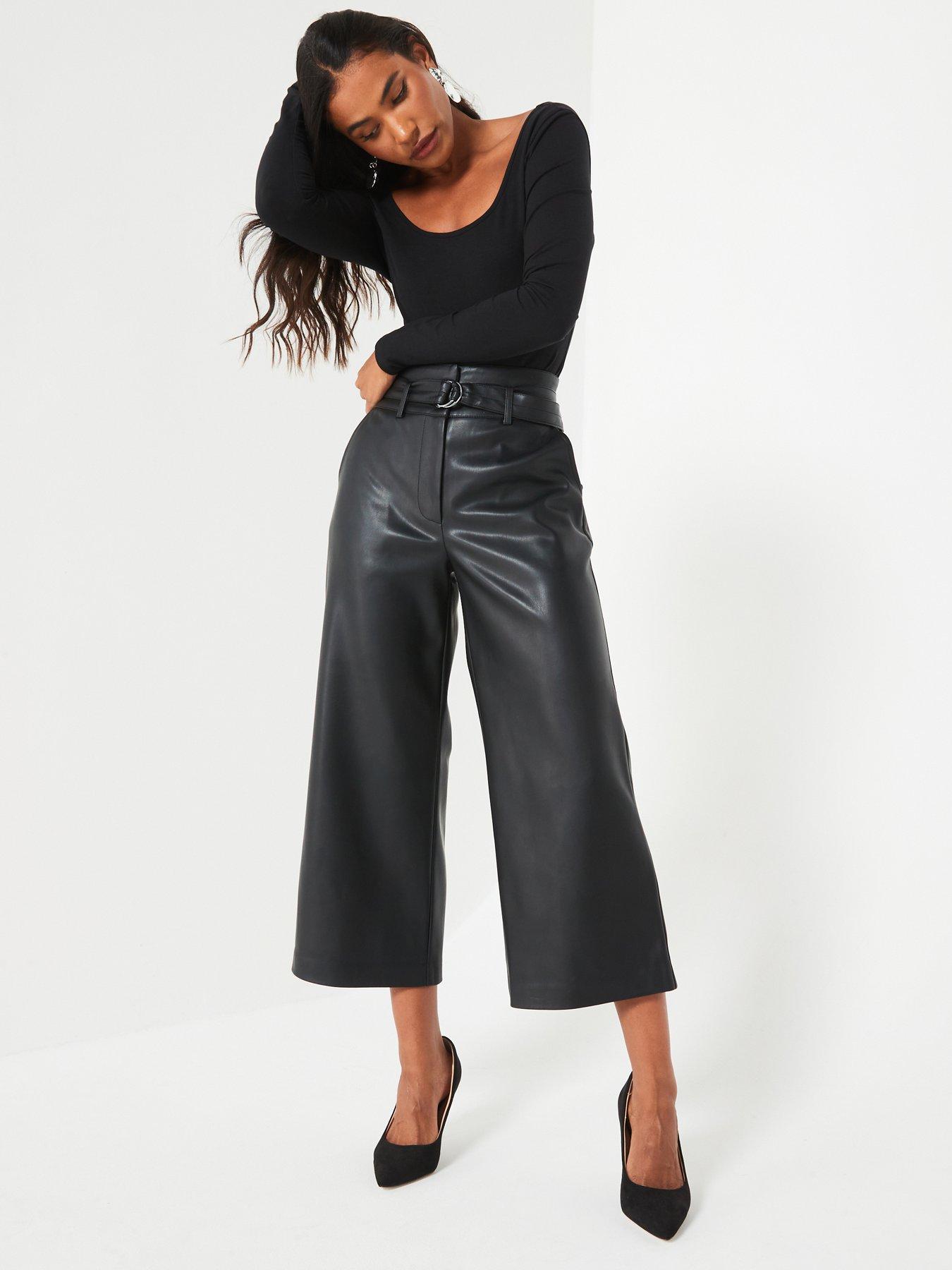 Faux Leather Paperbag Wide Leg Crop Trousers Black