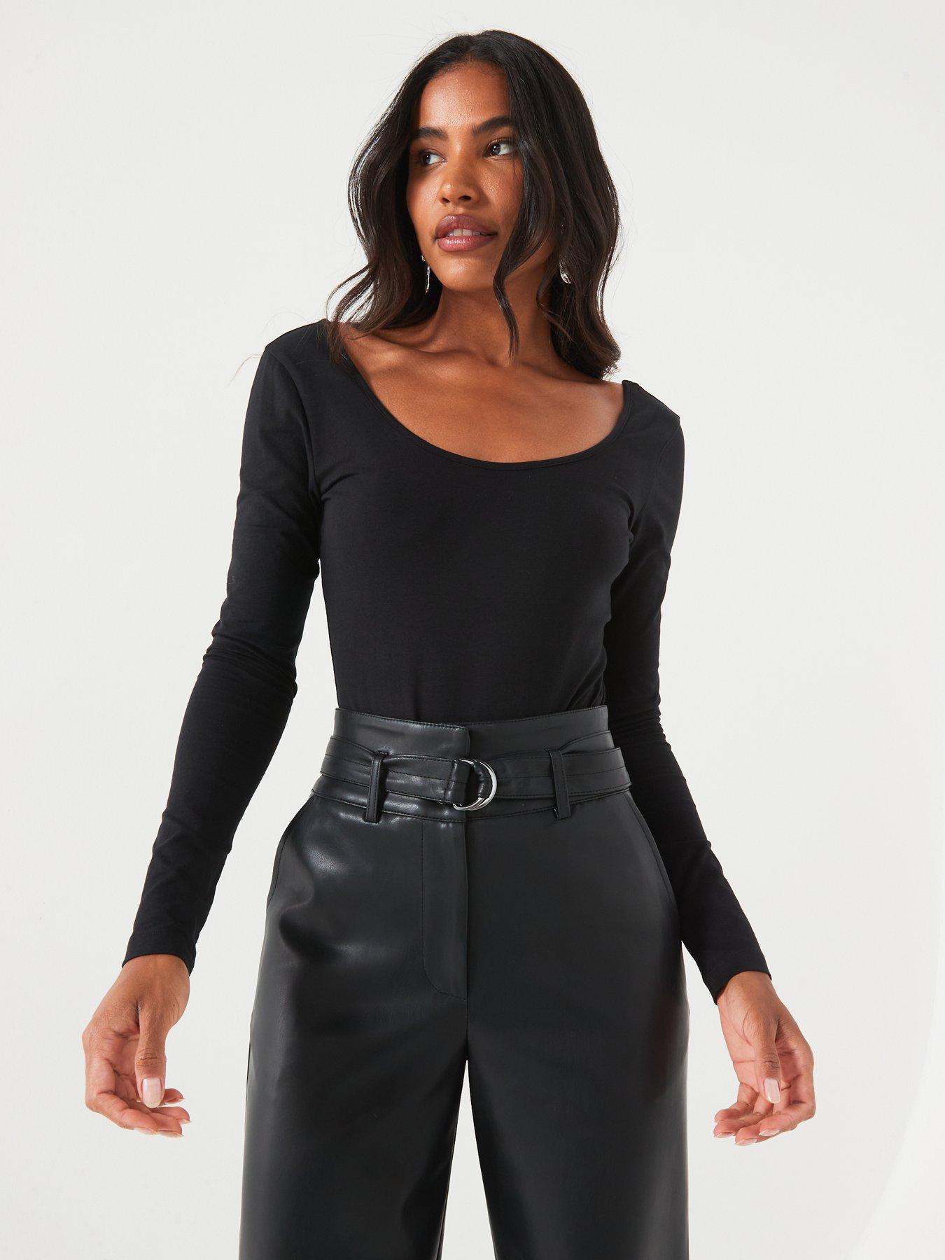 V by Very Faux Leather Paperbag Wide Leg Crop Trousers Black