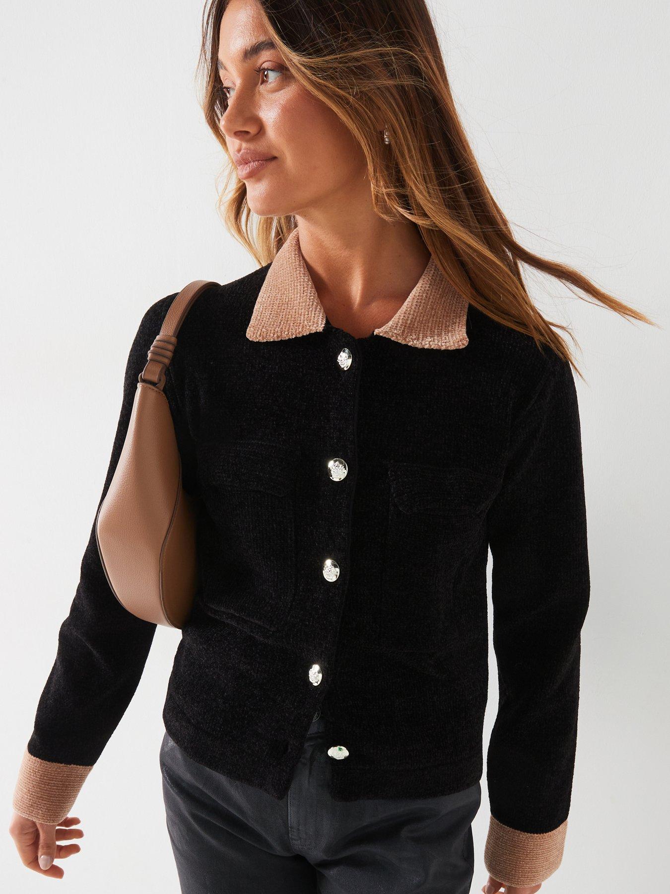 v-by-very-contrast-collar-chenille-knitted-cardigan-blackdetail