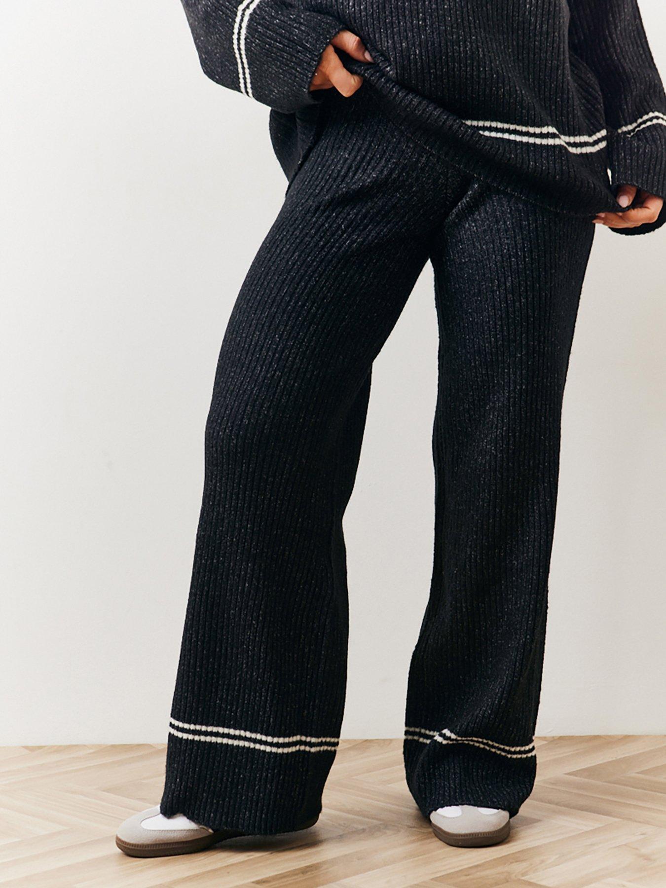 undefined Fits Contrast Piping Co-Ord Knit Wide Leg Trouser - Black