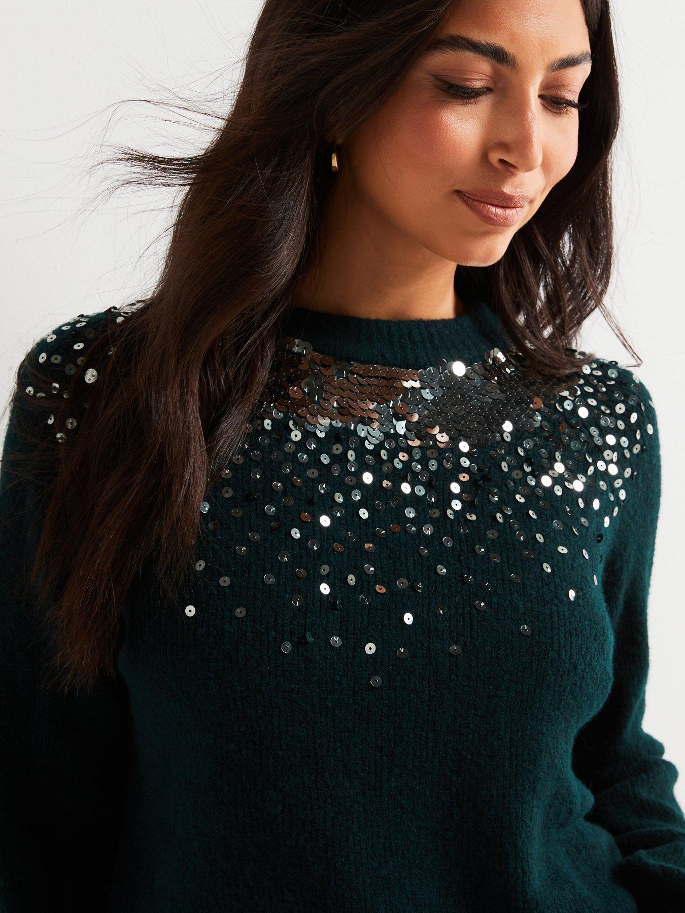 v-by-very-crew-neck-sequin-long-sleeve-jumper-with-wool-greenoutfit