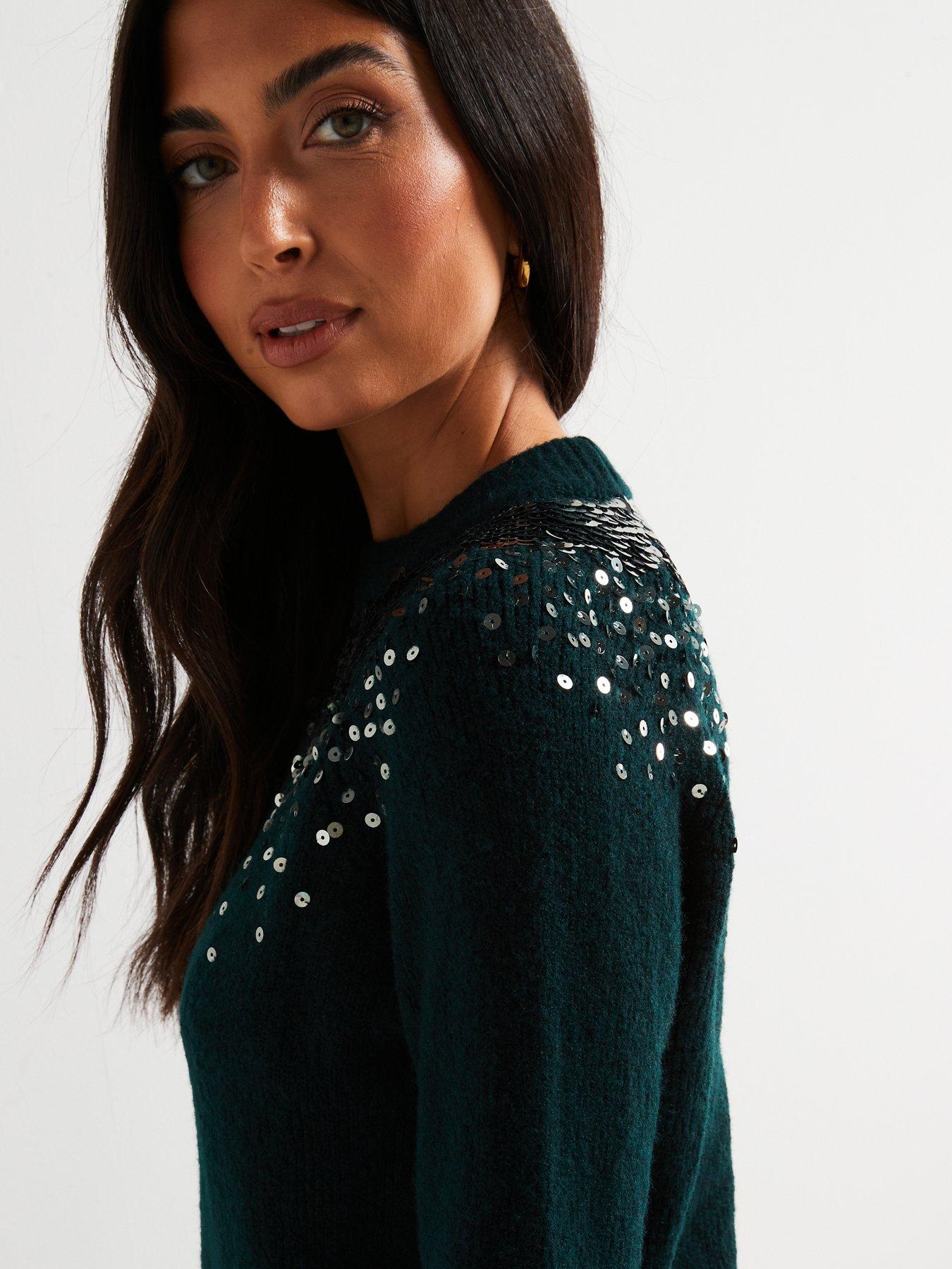 v-by-very-crew-neck-sequin-long-sleeve-jumper-with-wool-greendetail