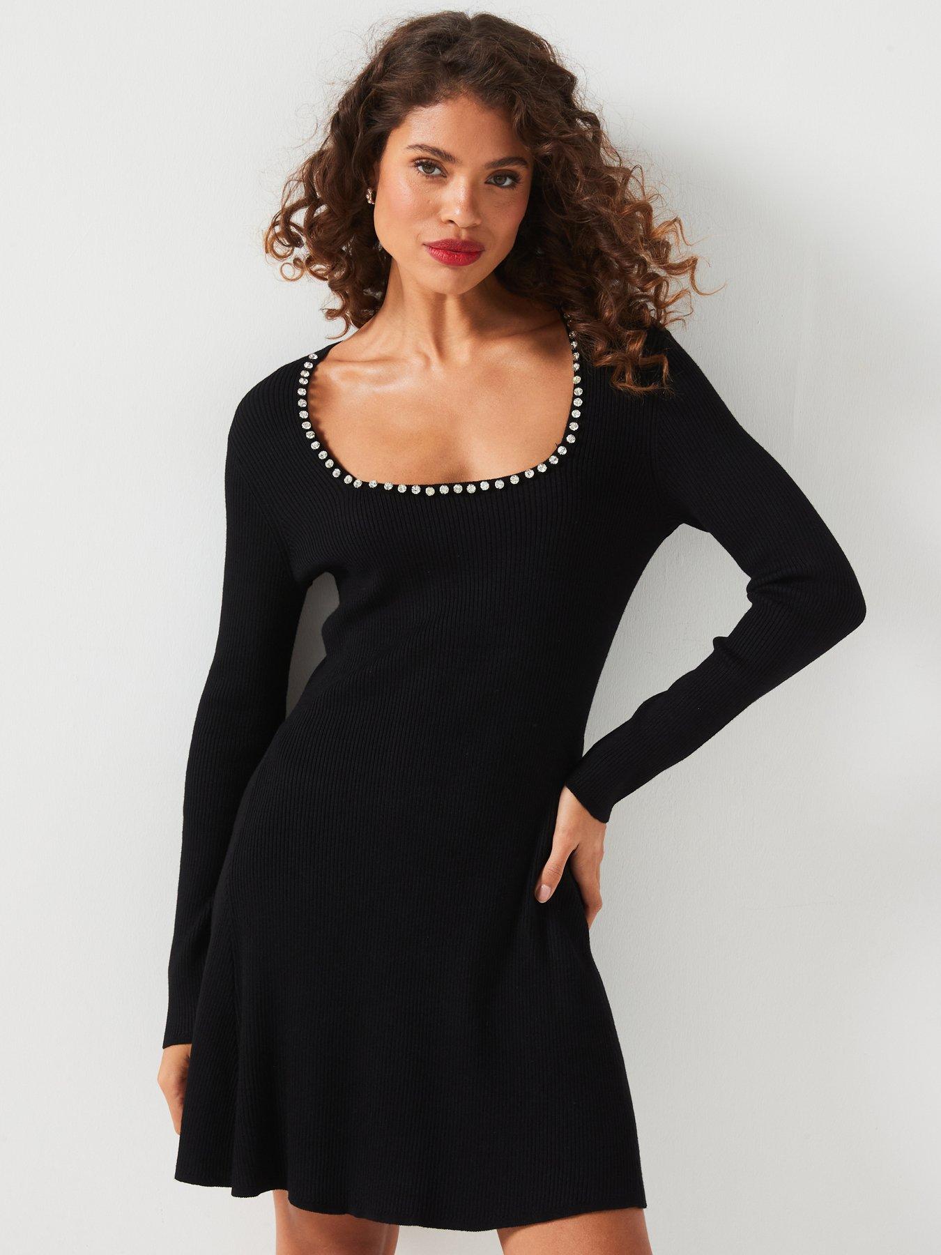 v-by-very-party-square-neck-embellished-dress-black