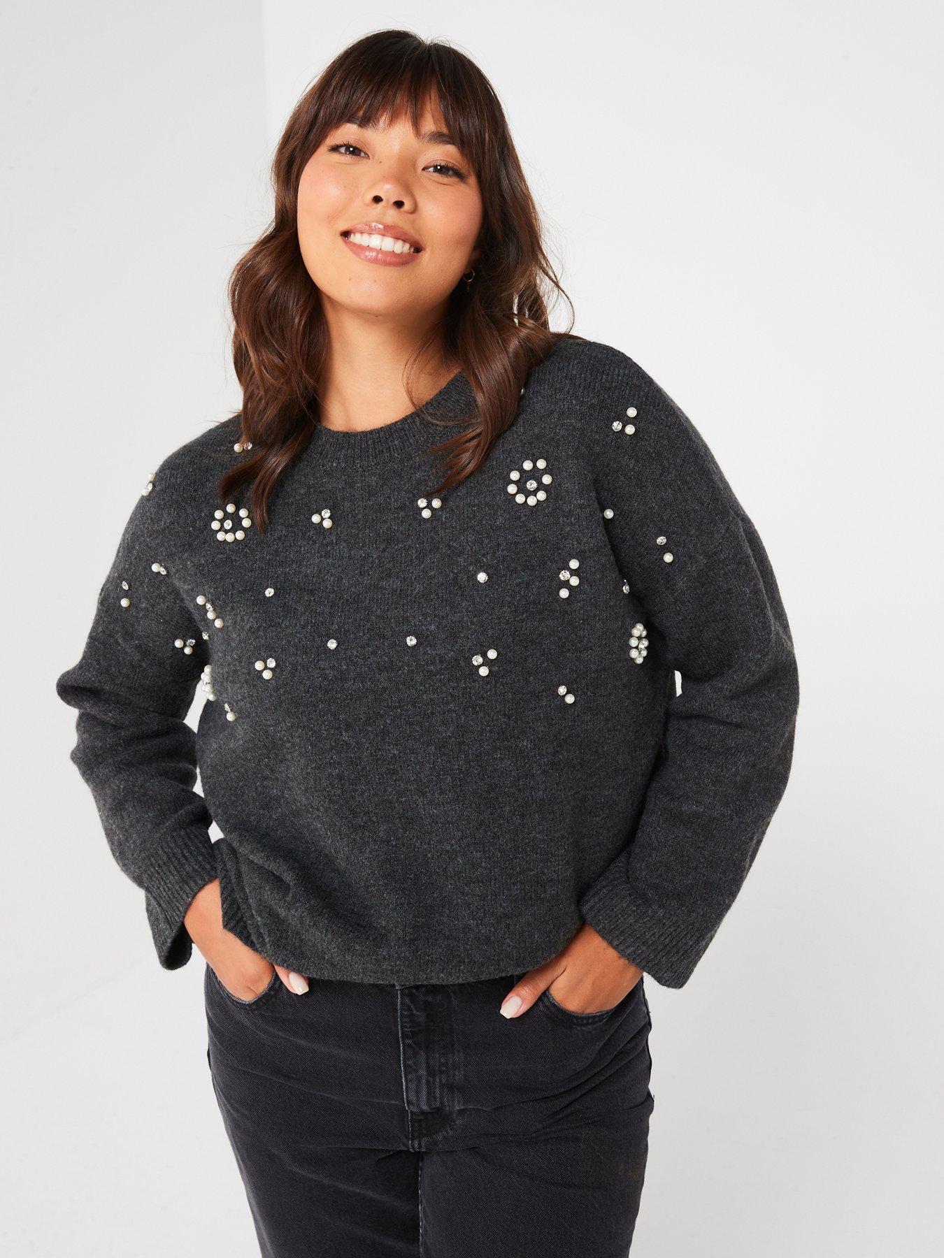 Image of V by Very Curve Pearl Detail Crew Neck Jumper - Black