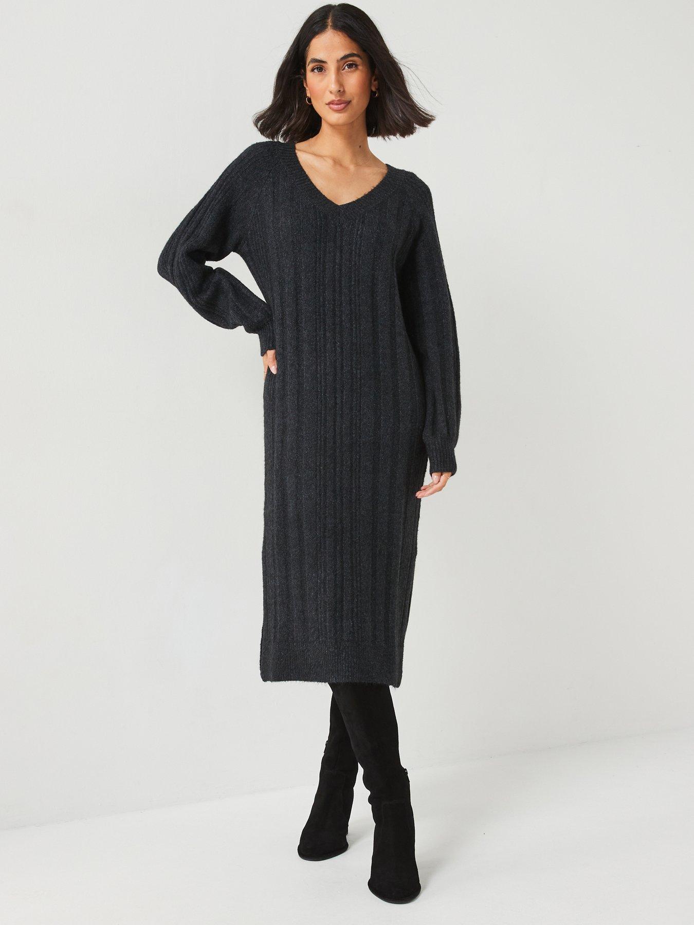 Image of Everyday V Neck Rib Knitted Dress - Dark Grey