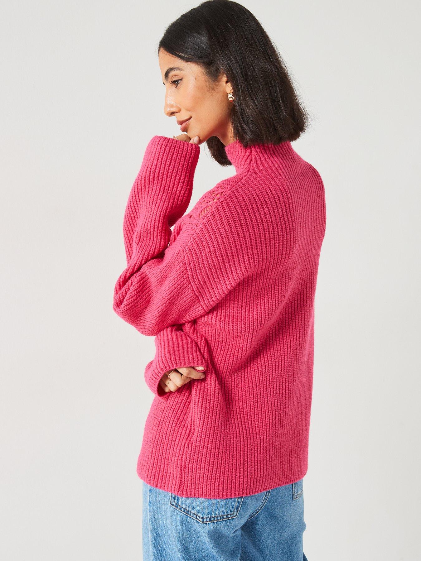 v-by-very-funnel-neck-crochet-pointelle-jumper-pinkstillFront