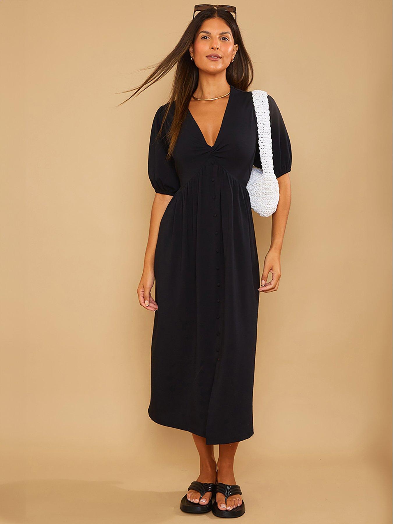 in-the-style-stacey-solomon-blacknbsppuff-sleeve-v-neck-midi-dress