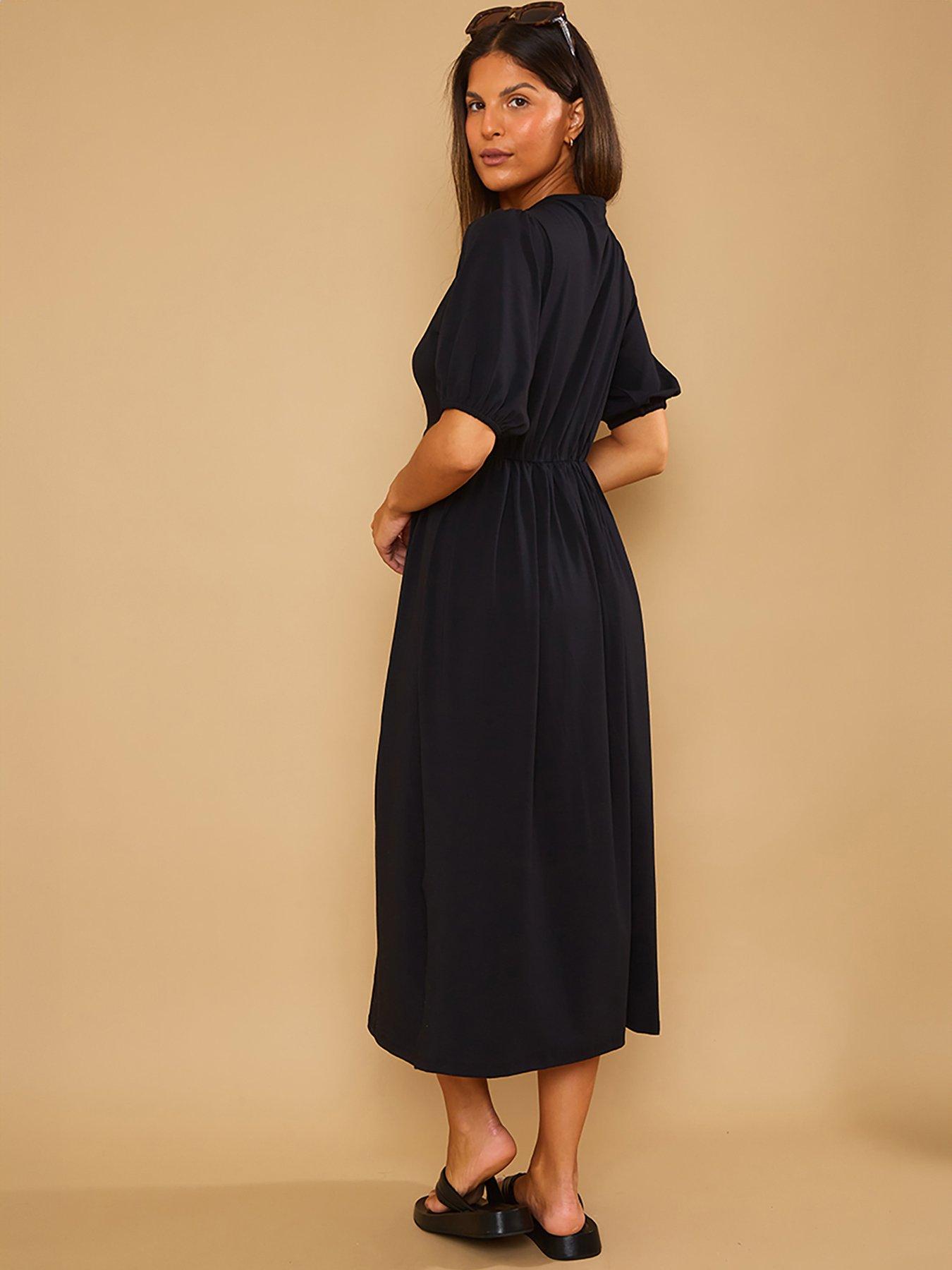 in-the-style-stacey-solomon-blacknbsppuff-sleeve-v-neck-midi-dressstillFront