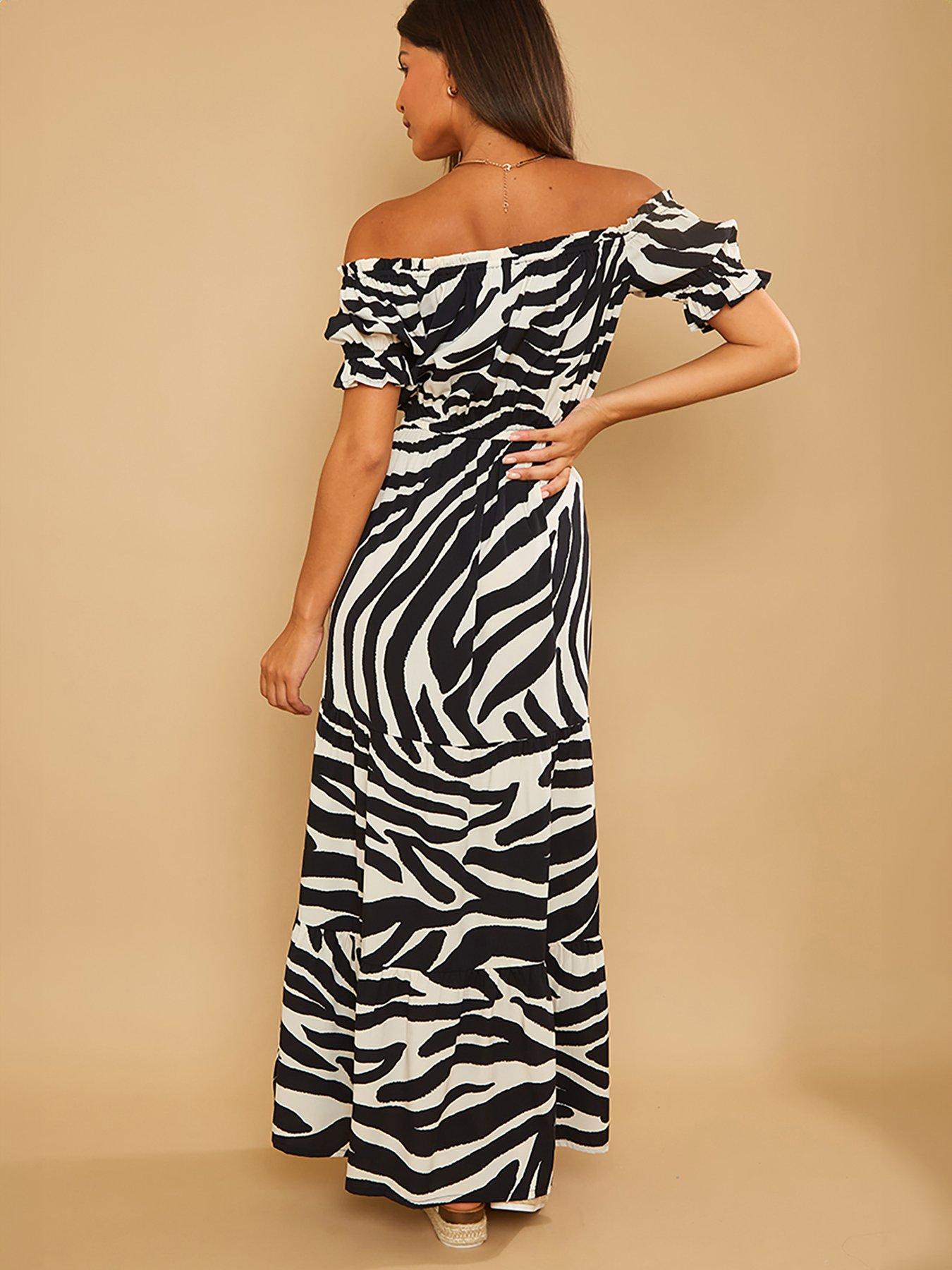 in-the-style-stacey-solomon-black-printed-bardot-tiered-tie-detail-midi-dressstillFront