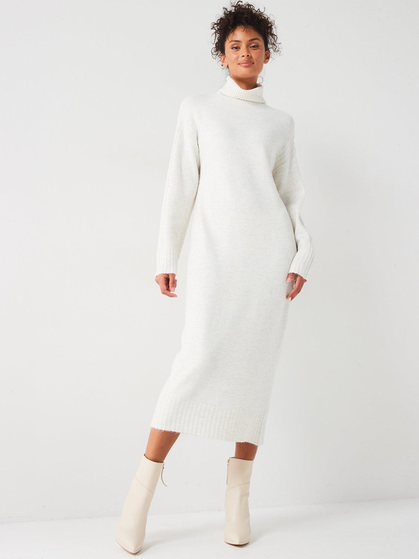 Image of V by Very Roll Neck Long Sleeve Knitted Midaxi Dress - Cream