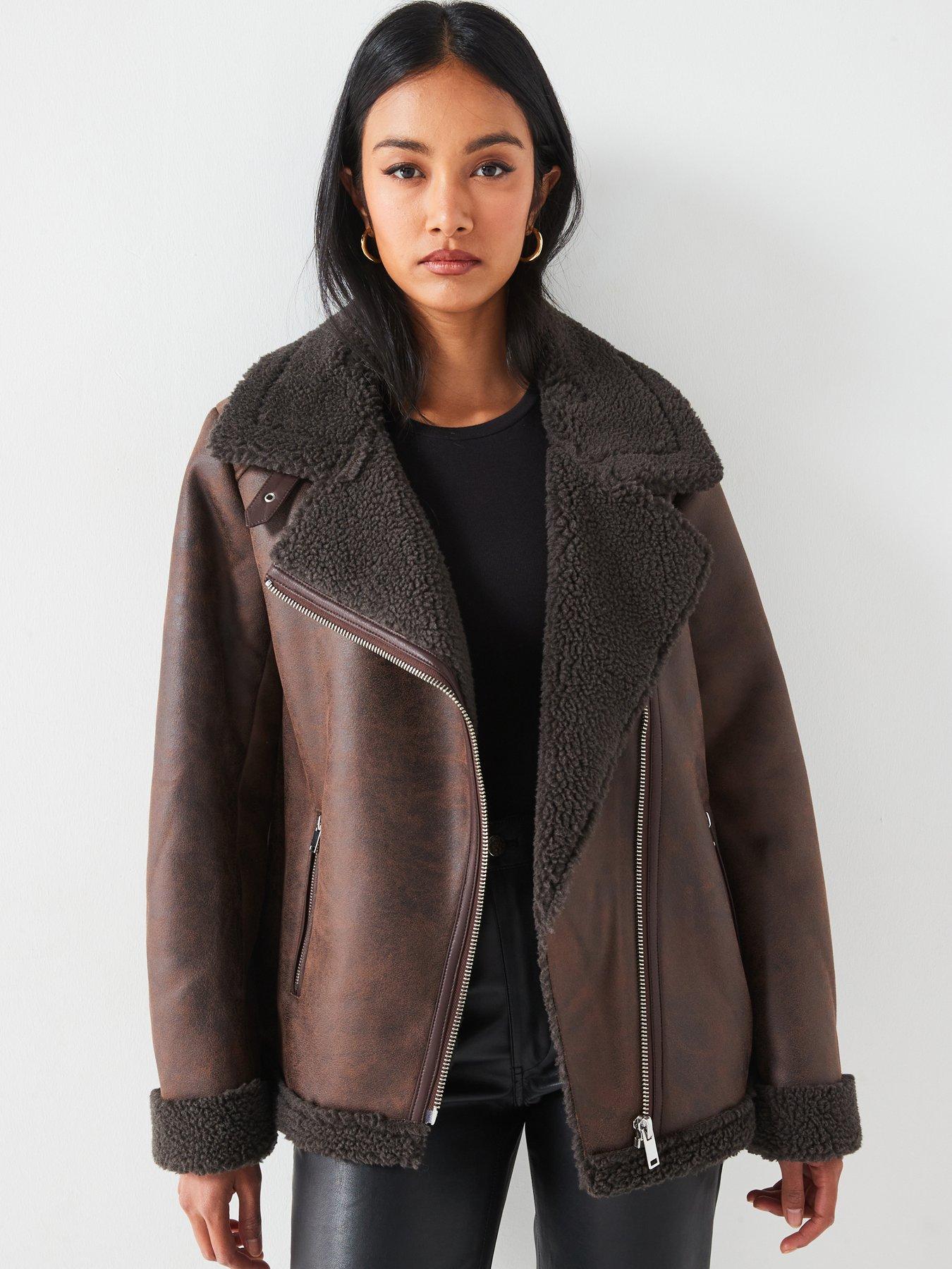 v-by-very-faux-shearling-distressed-aviator-jacket-dark-brown