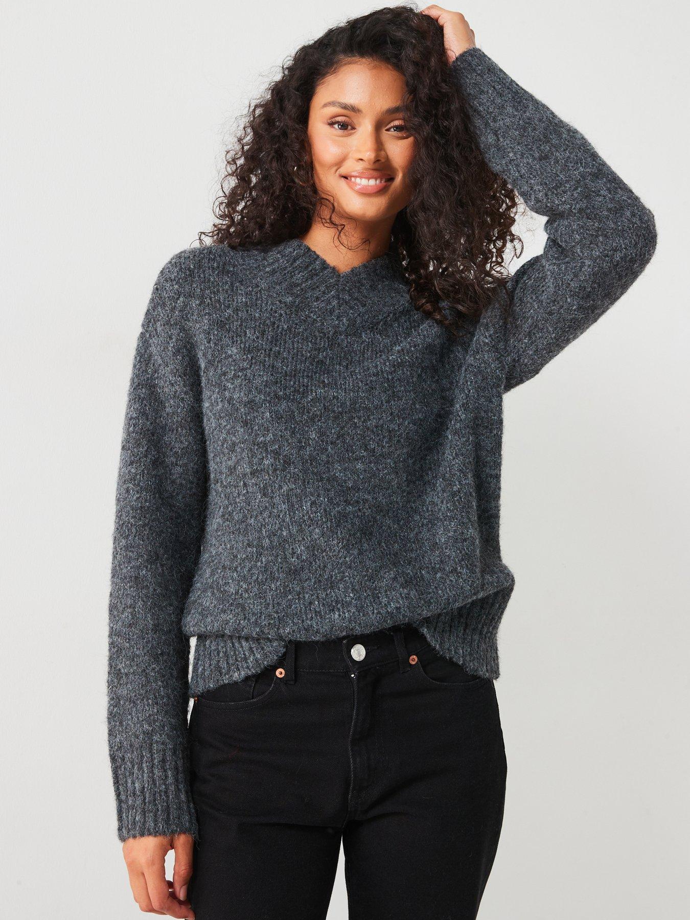 V by Very V Neck Brushed Yarn Jumper with Wool - Grey