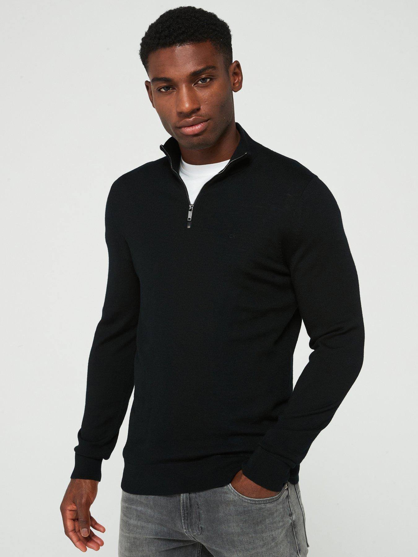 Calvin Klein Merino Quarter Zip Knitted Polo Shirt Black