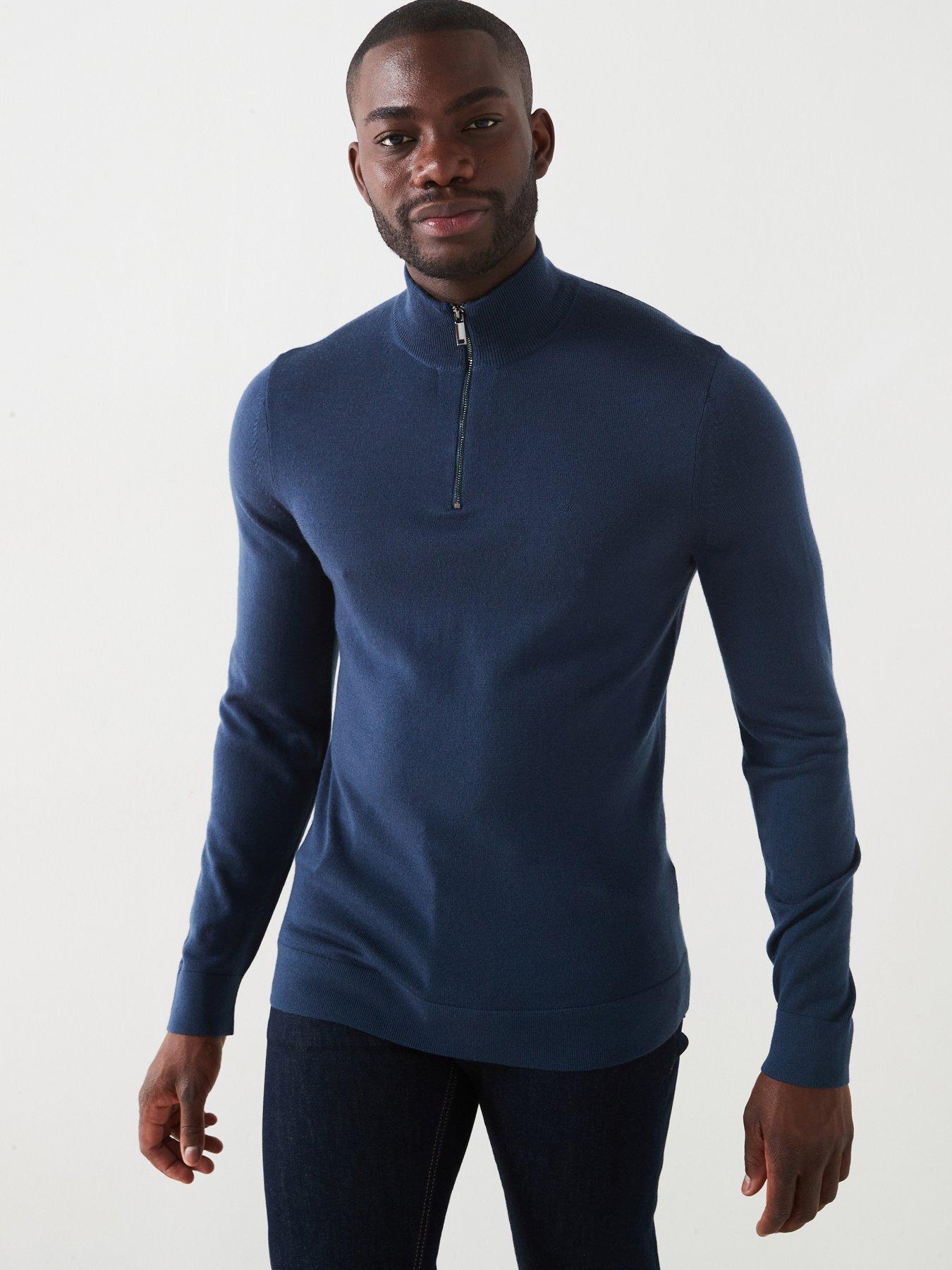 undefined Calvin Klein Merino Quarter Zip Knitted Polo Shirt - Dark Blue