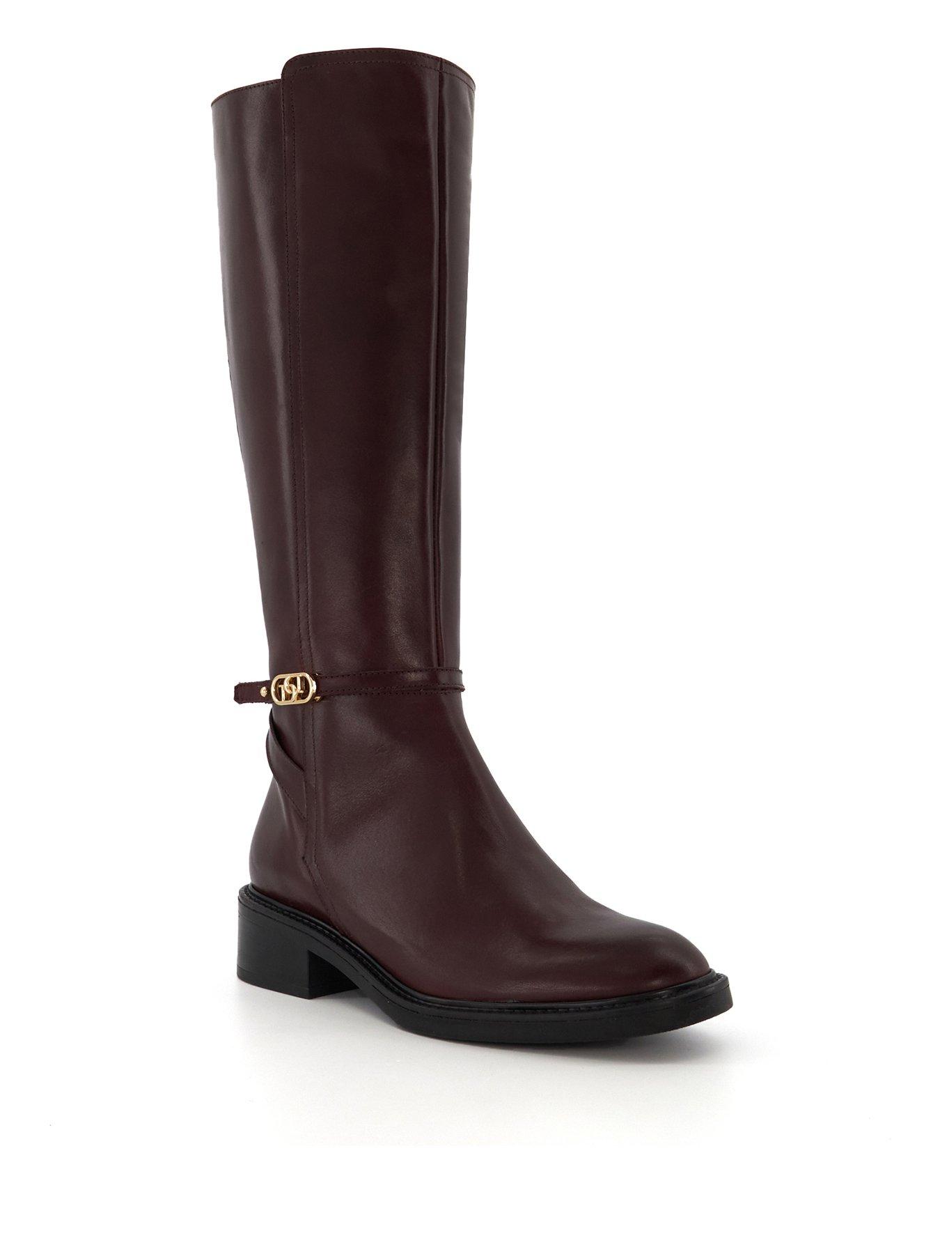 dune-london-tia-leather-branded-buckle-equestrian-boots-burgundystillFront