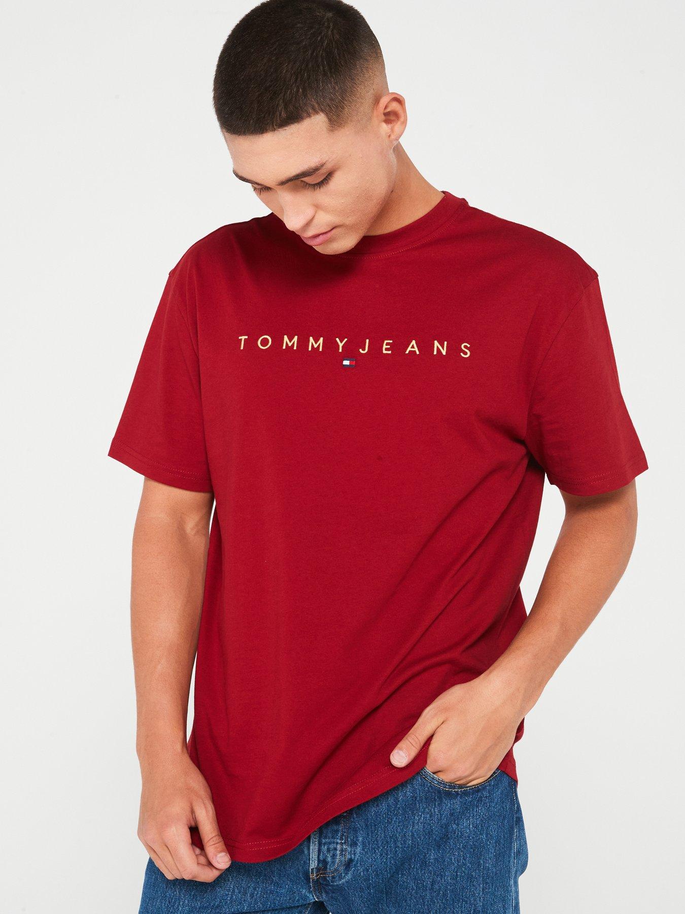 Image 1 of 4 of Tommy Jeans Regular Fit Gold Linear Logo T-Shirt - Red