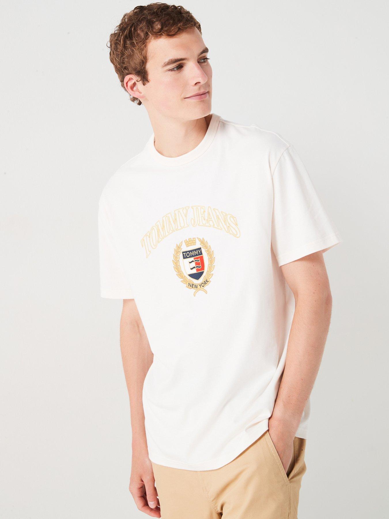 Image 1 of 4 of Tommy Jeans Regular Fit Gold Embroidered Crest T-Shirt - Cream