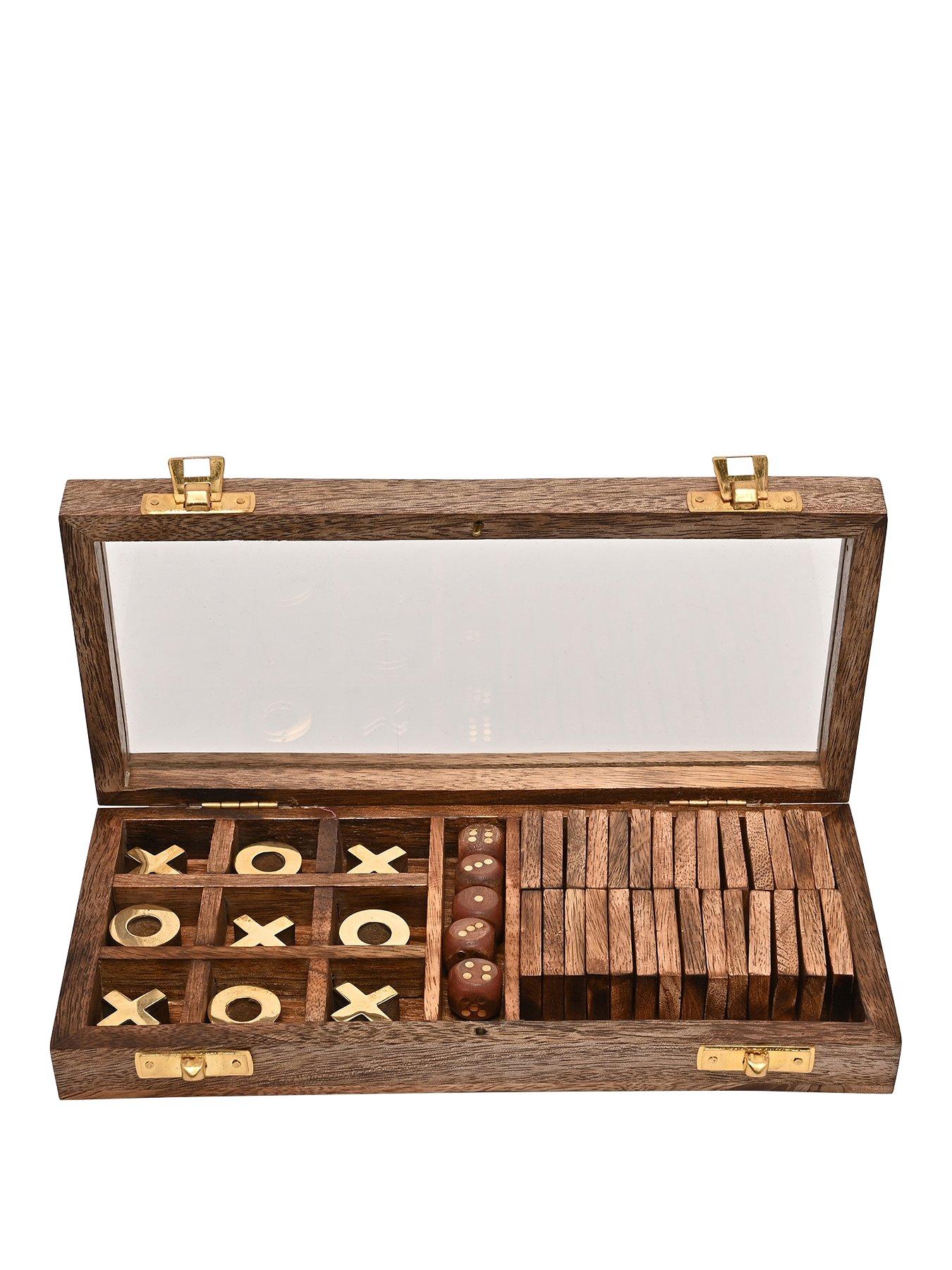 Image of  Harvey Makin Dominoes, Tic Tac Toe  &  Dice Set - Brown Wood