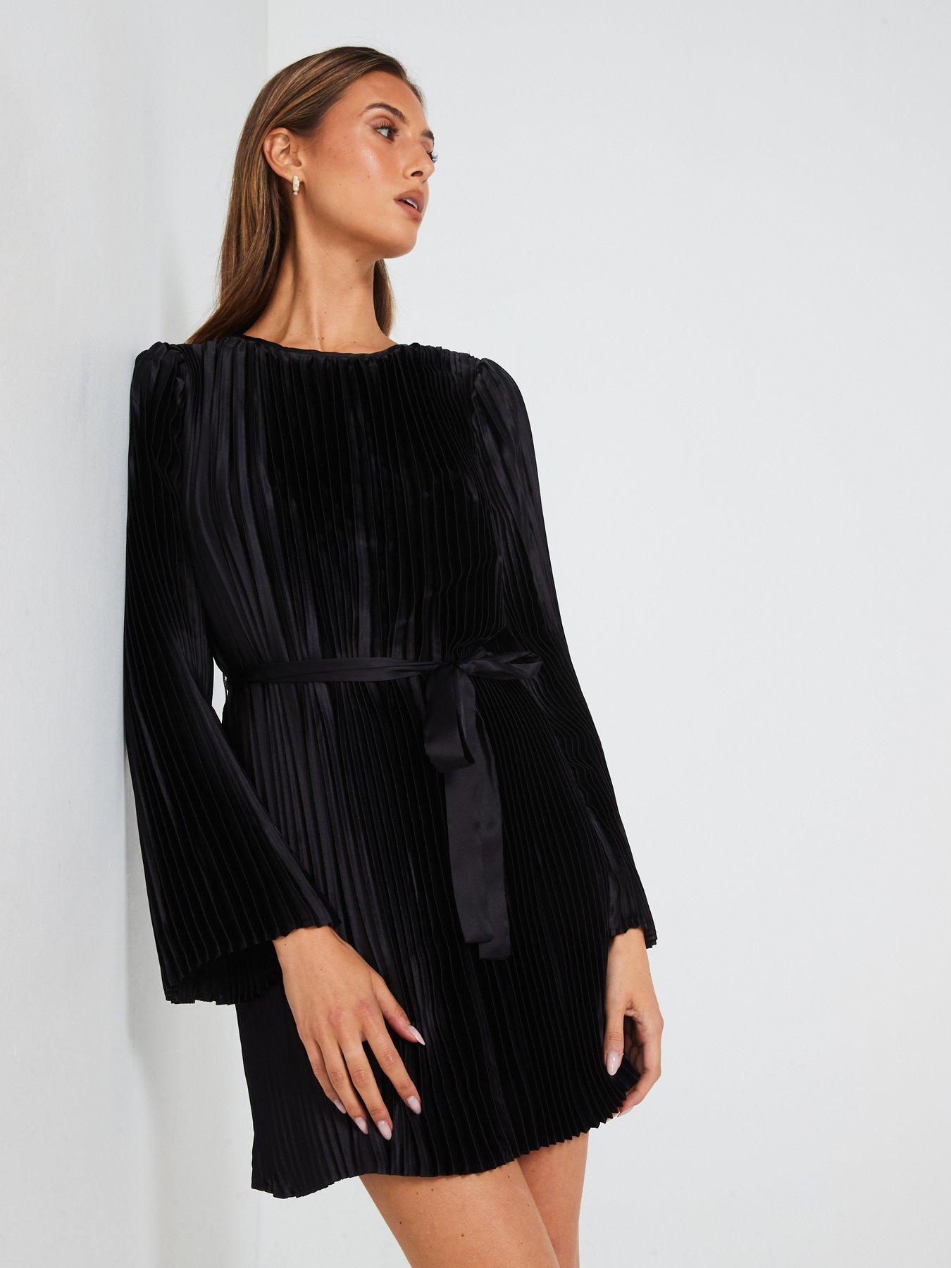 v-by-very-pleated-belted-mini-dress-blackfront