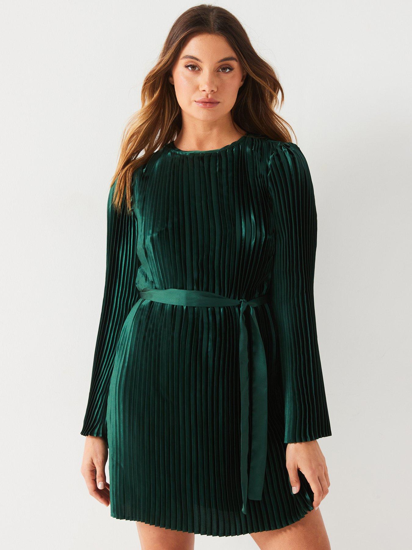 v-by-very-pleated-belted-mini-dress-greenfront