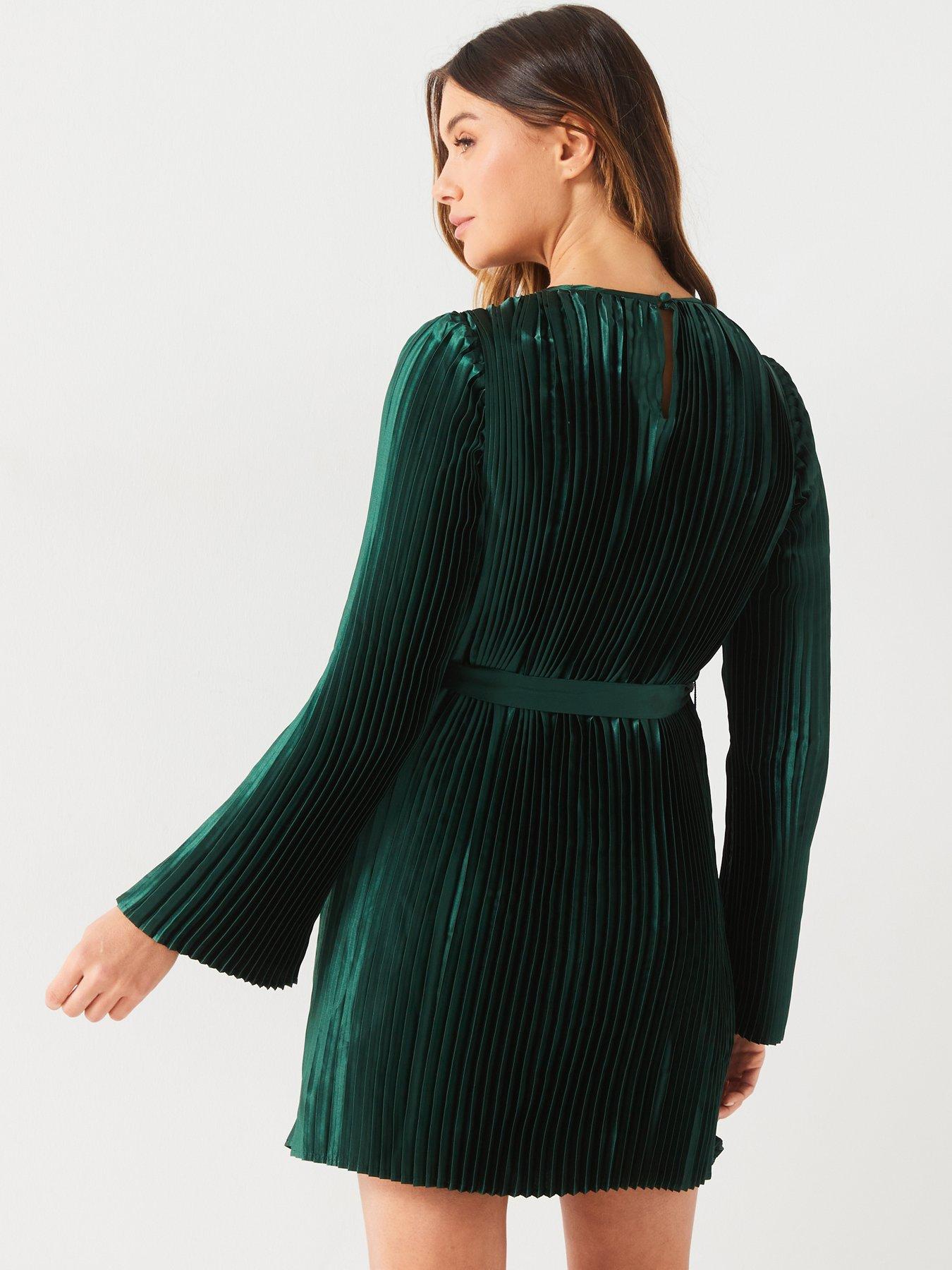 v-by-very-pleated-belted-mini-dress-greenstillFront