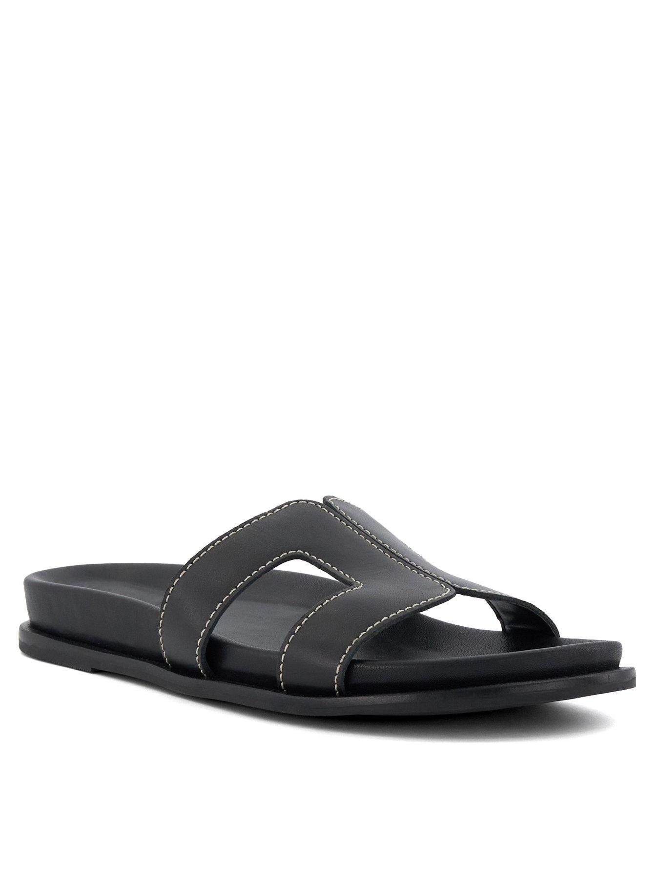 Image 2 of 6 of Dune London Loupa Topstitch Detail Leather Footbed Sandals - Black