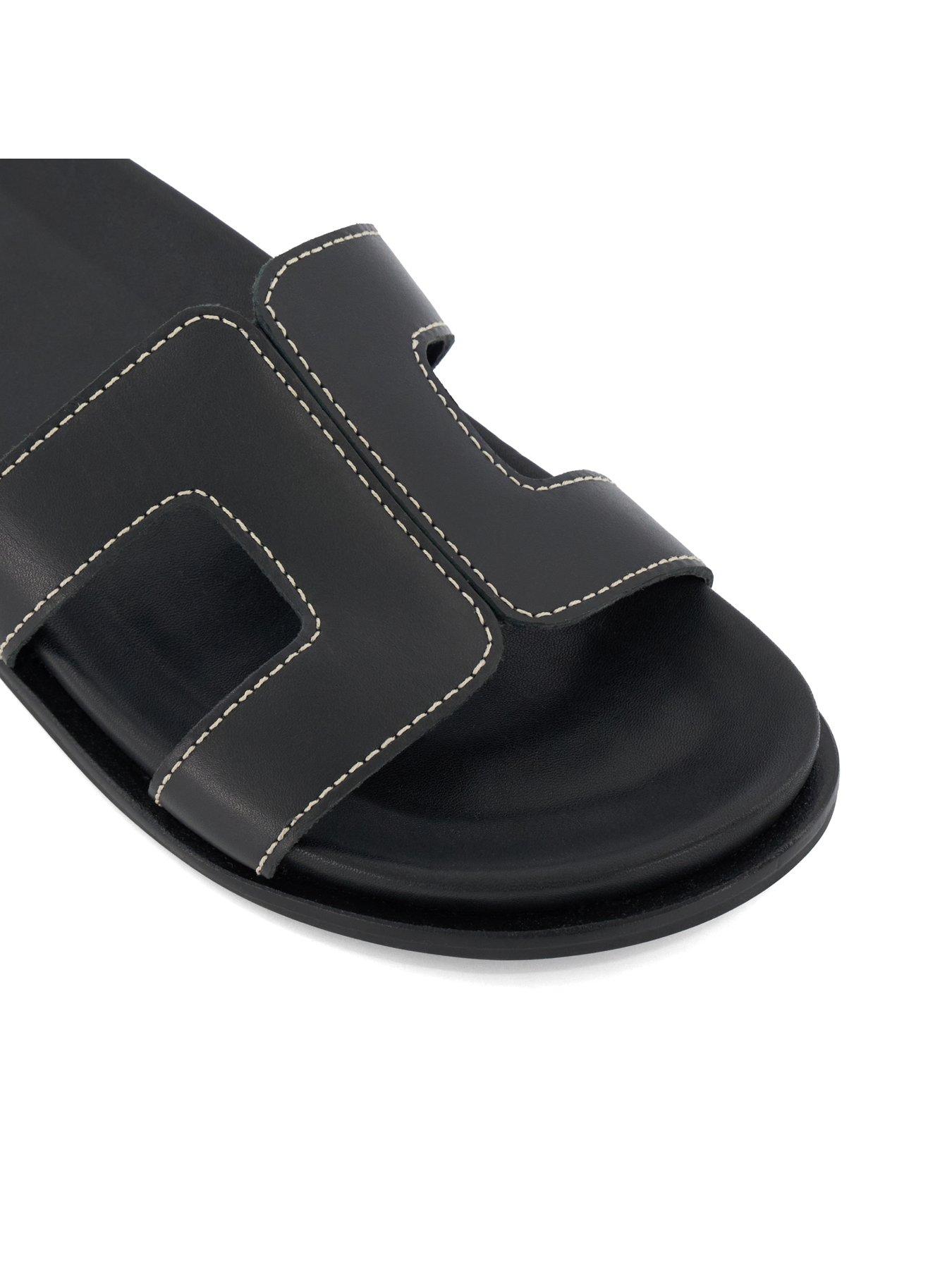 Image 5 of 6 of Dune London Loupa Topstitch Detail Leather Footbed Sandals - Black