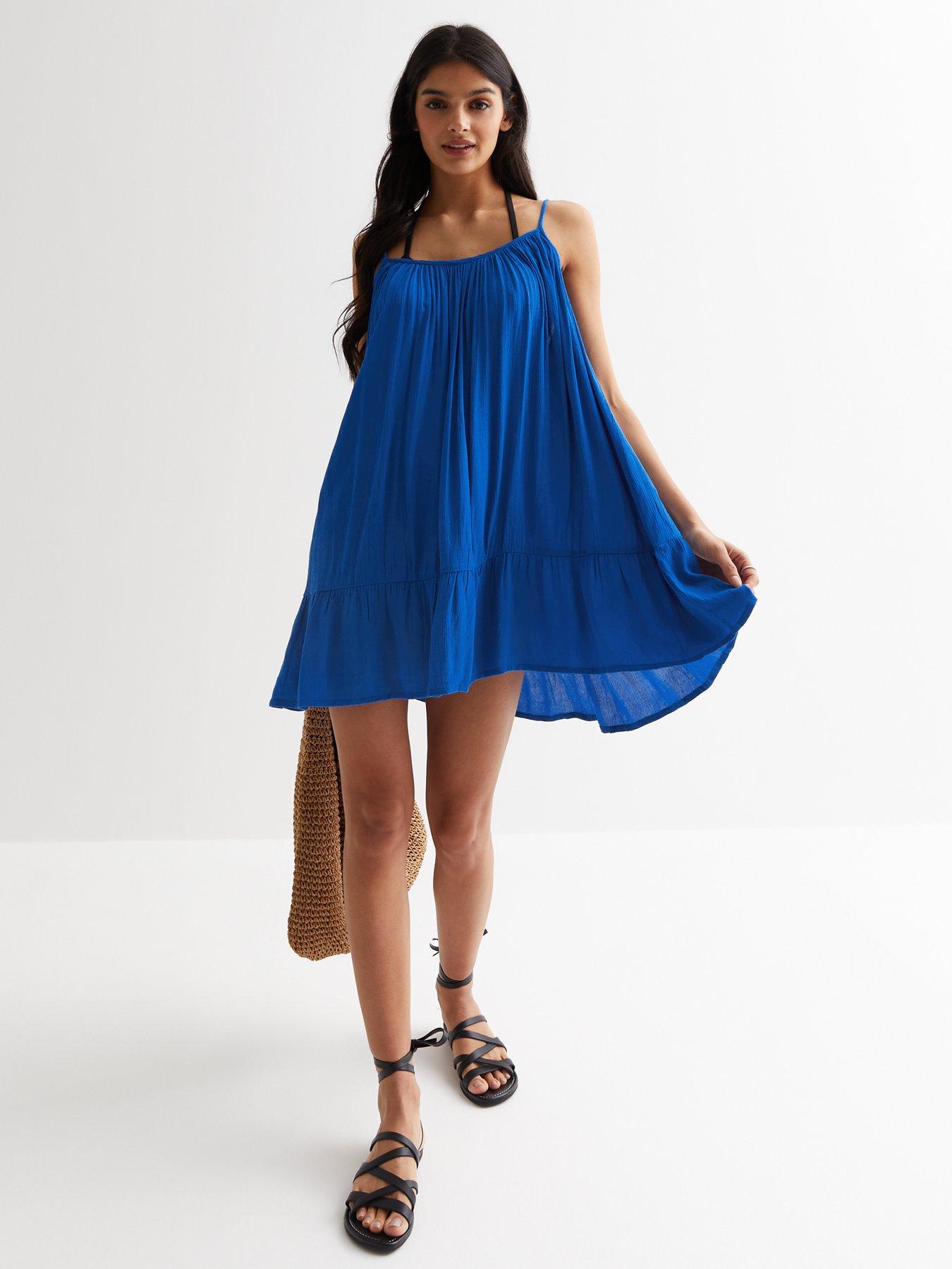 new-look-blue-textured-strappy-tiered-hem-mini-dress