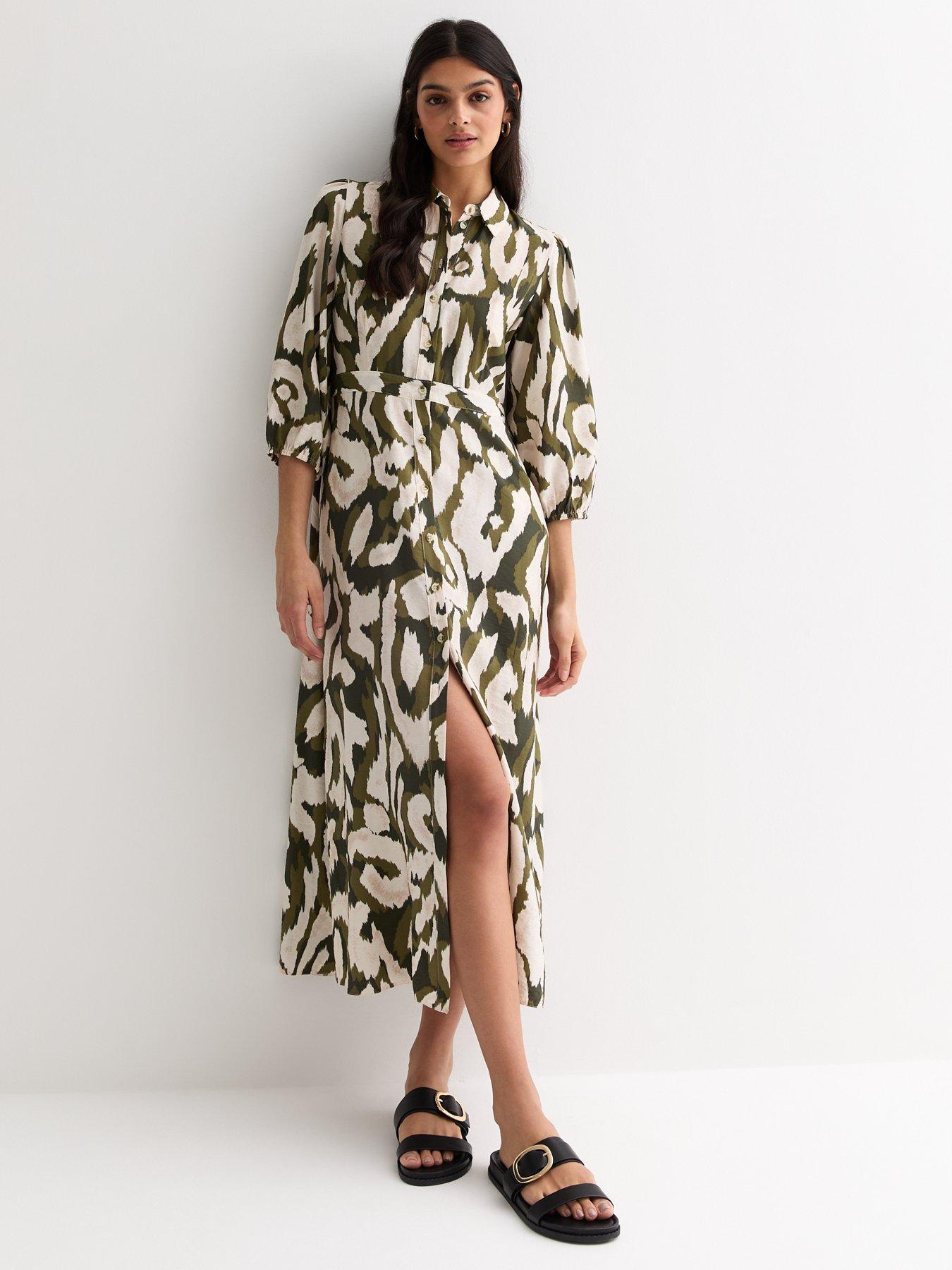 new-look-green-abstract-print-34-sleeve-midi-shirt-dress