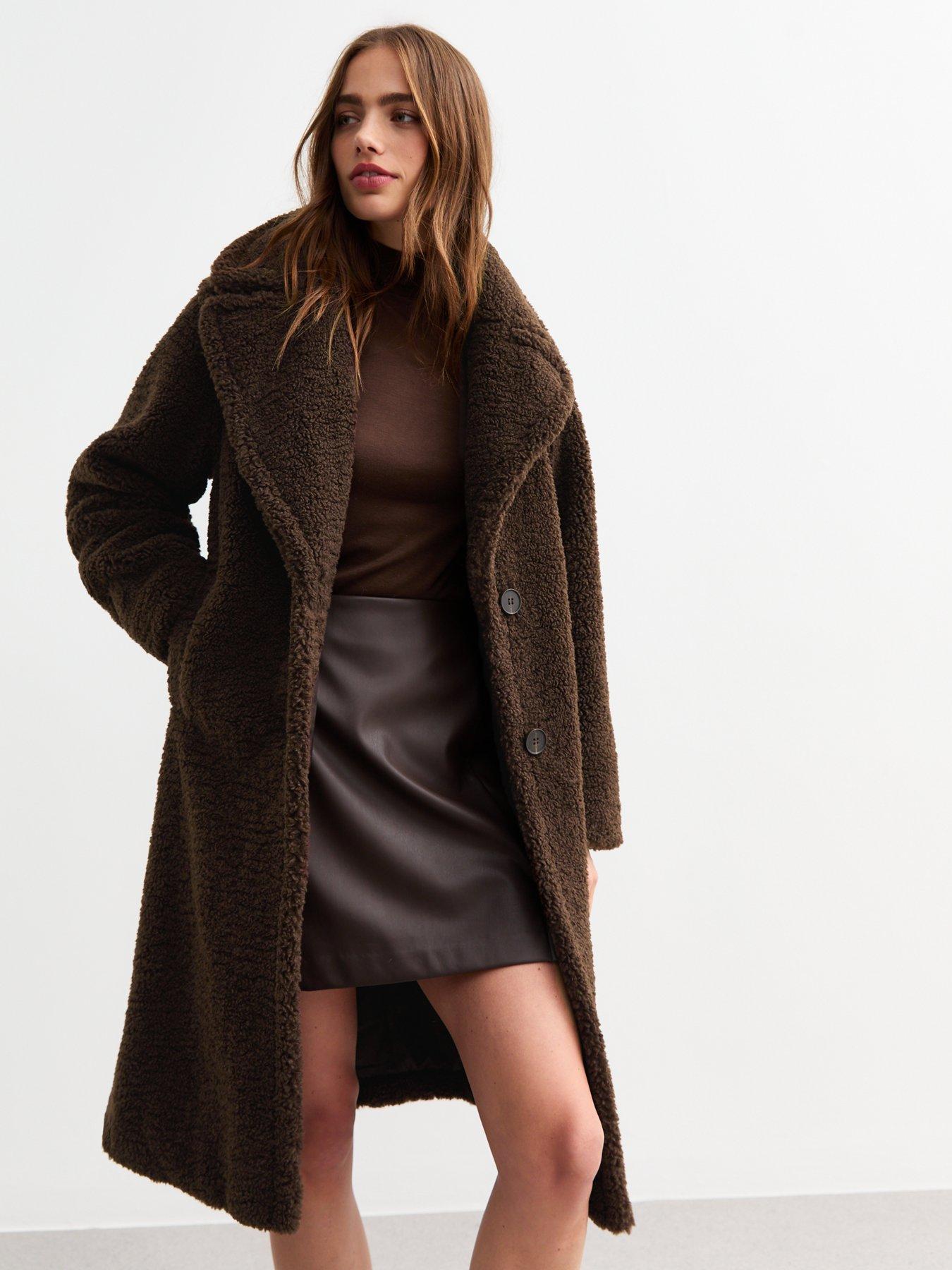 New Look Borg Longline Coat Dark Brown Very Ireland