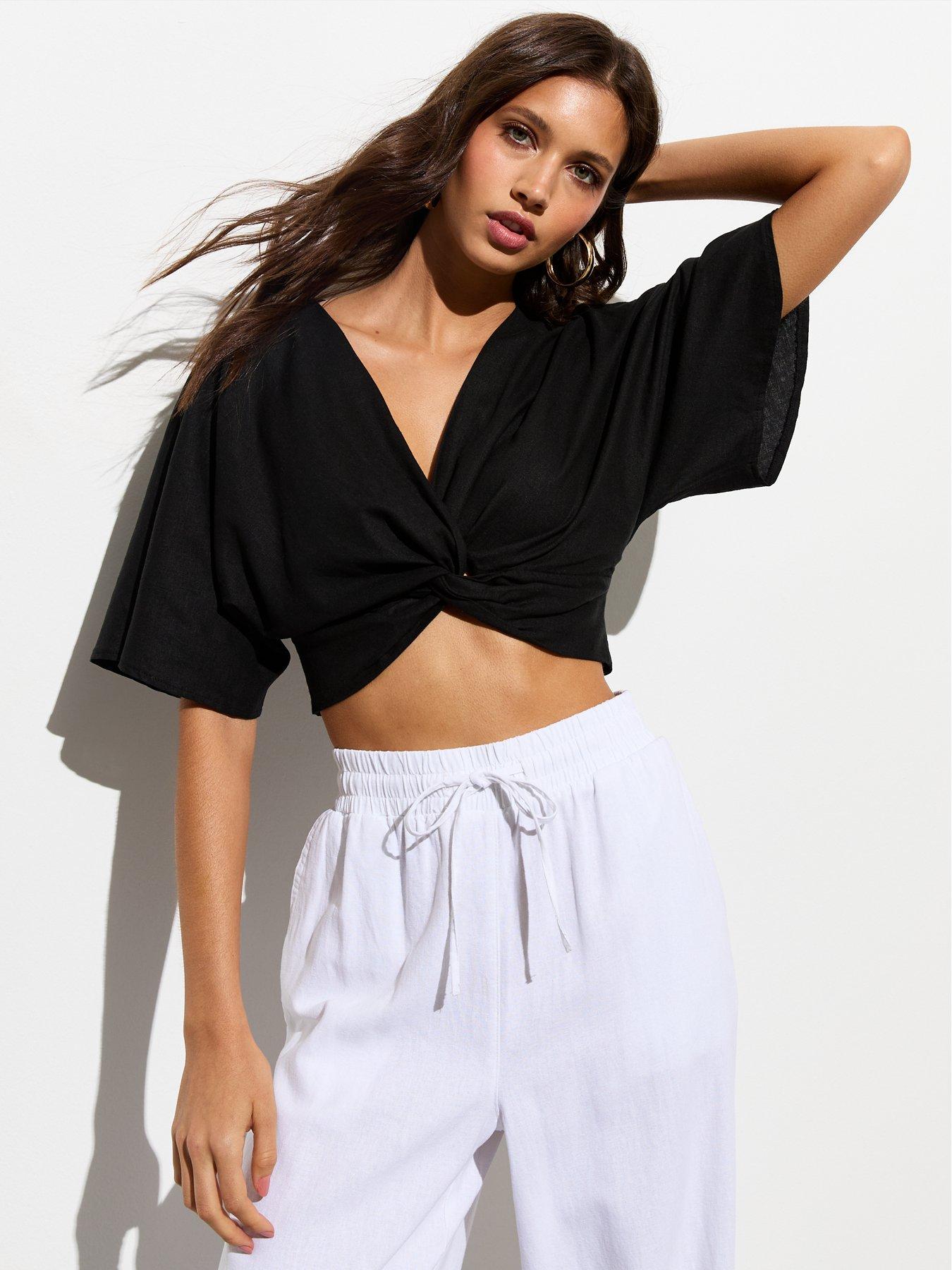 new-look-black-linen-blend-twist-front-top