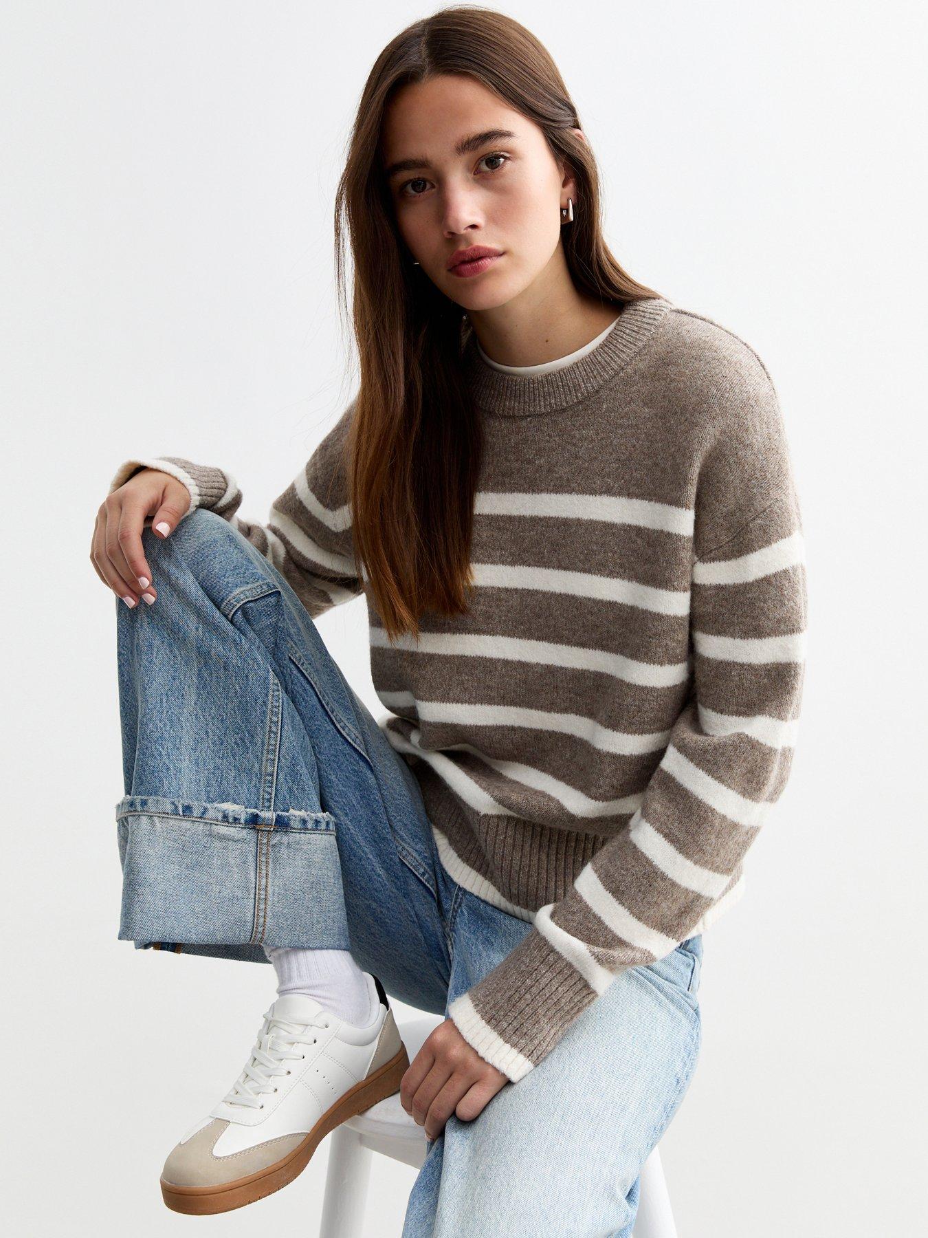 new-look-striped-knit-crew-neck-jumper-brown