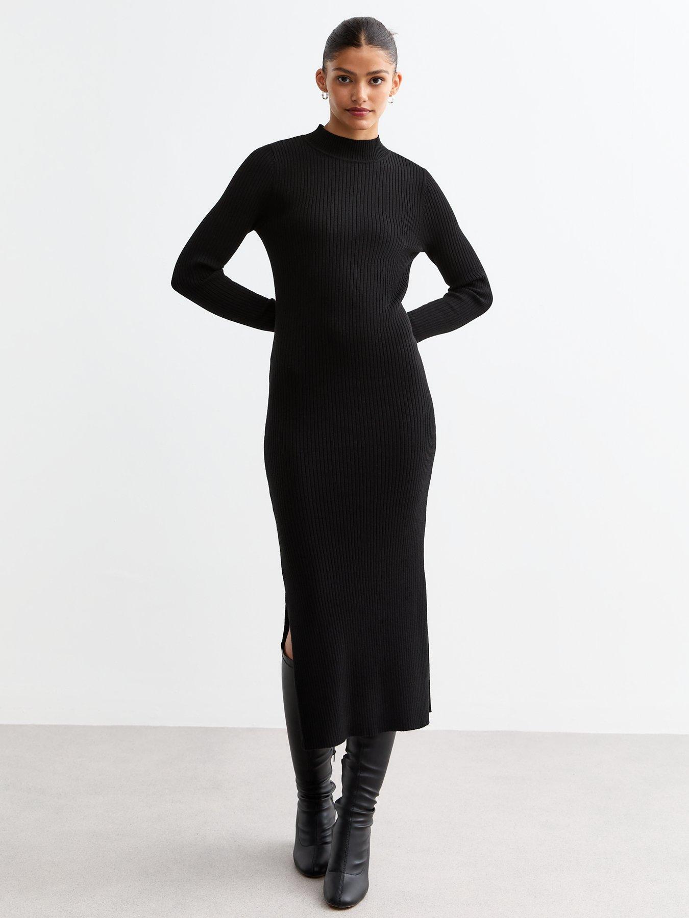 new-look-rib-knit-high-neck-midi-dress-black