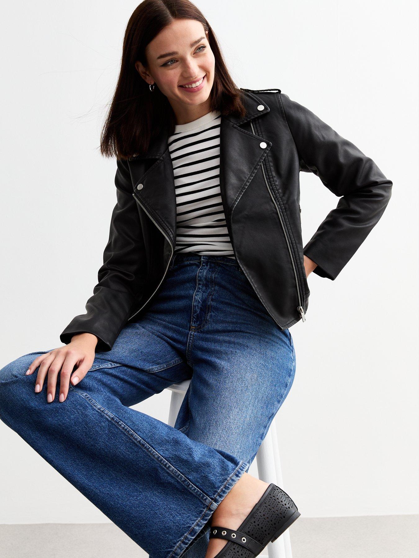 Image 1 of 5 of New Look Leather-Look Biker Jacket - Black