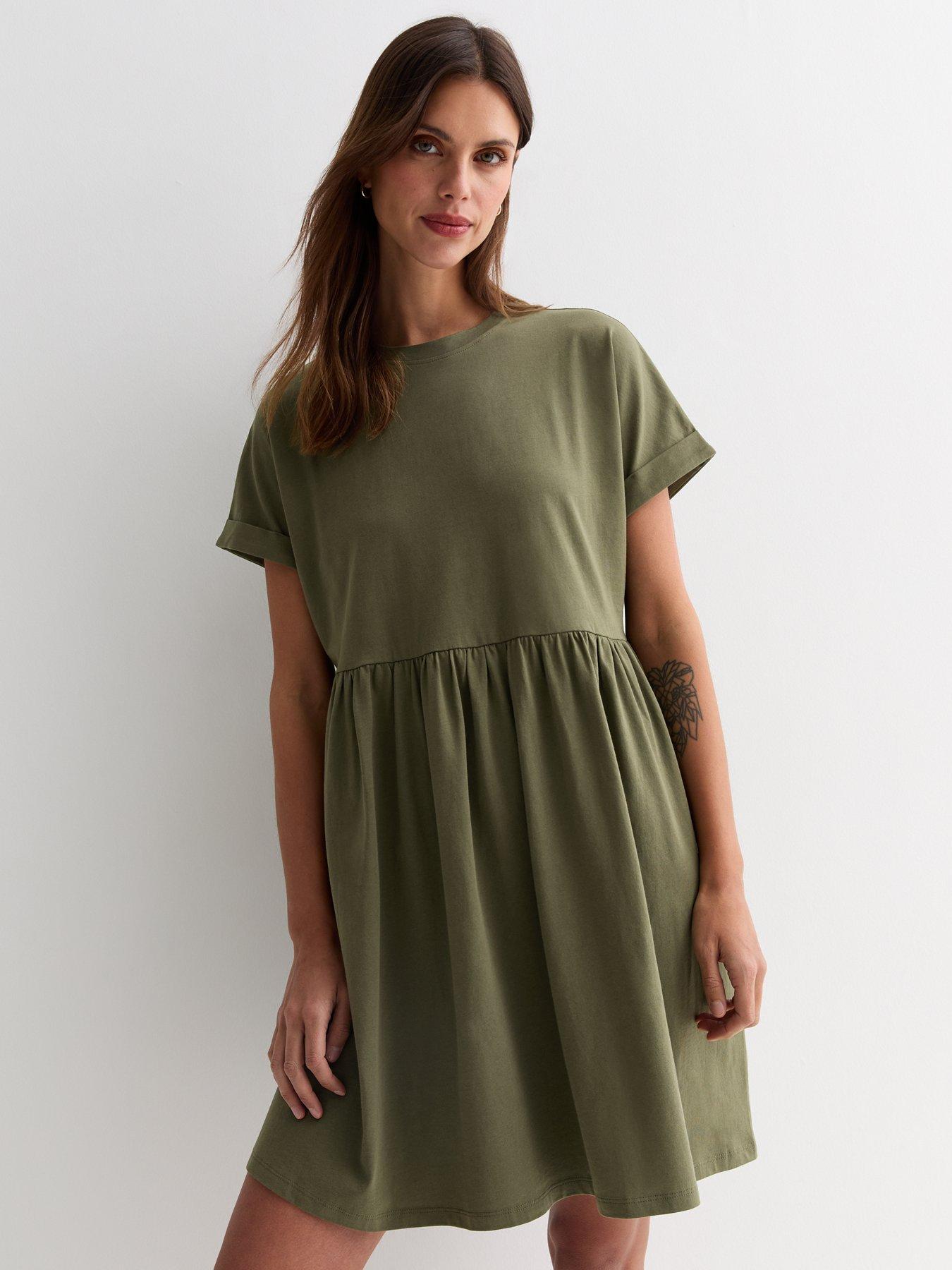 new-look-khaki-cotton-short-sleeve-mini-smock-dress