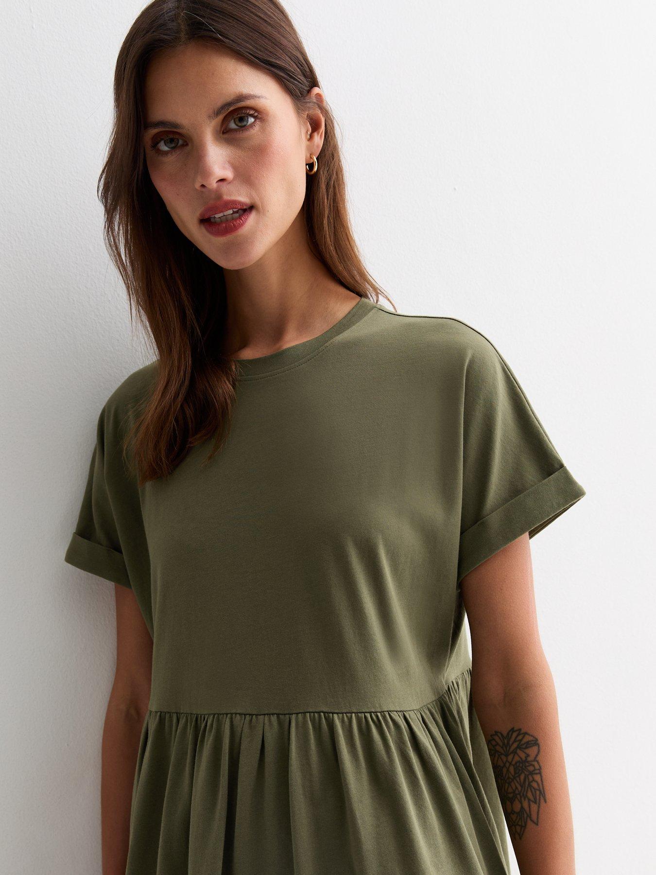 new-look-khaki-cotton-short-sleeve-mini-smock-dressoutfit