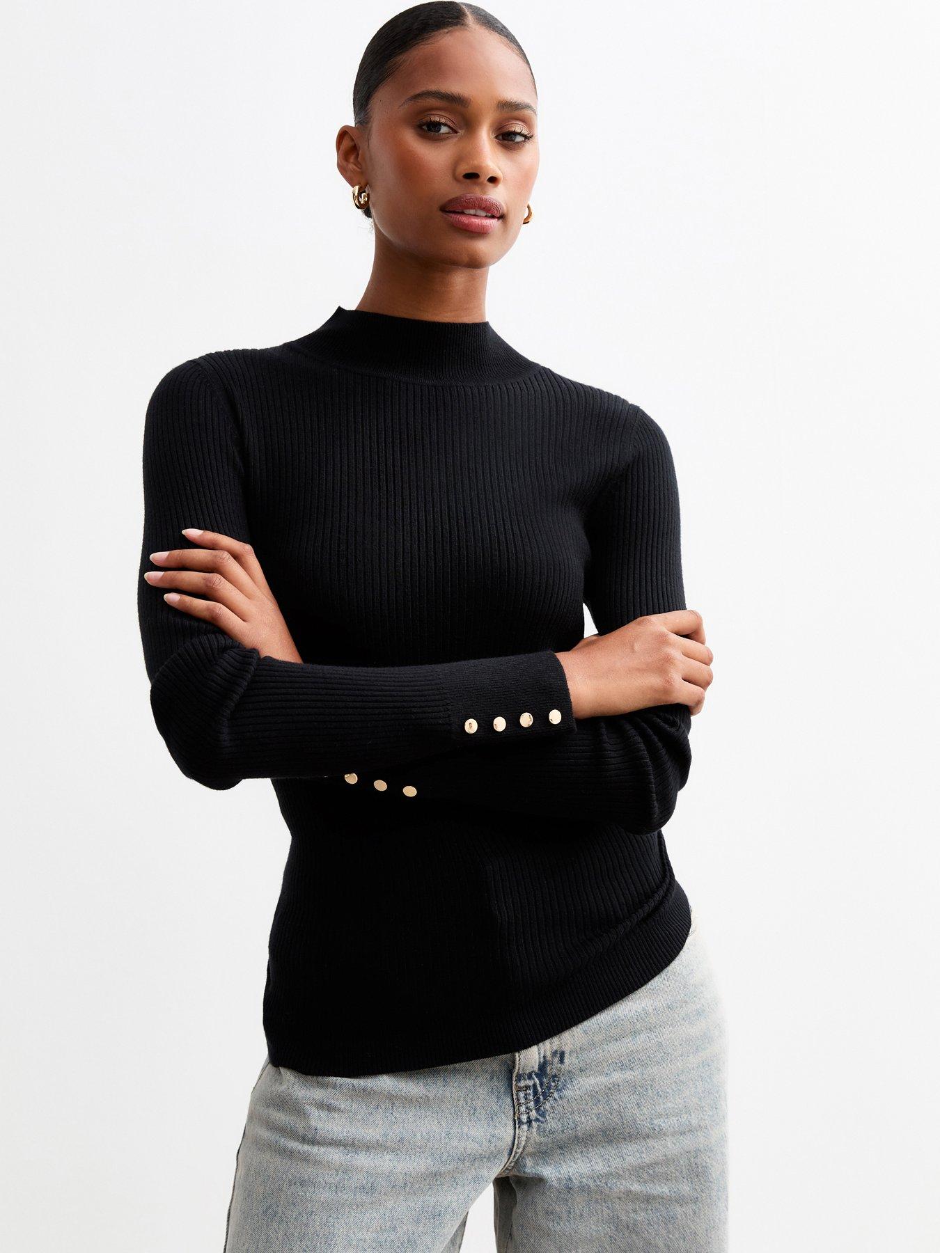 new-look-ribbed-buttoned-cuff-jumper-black