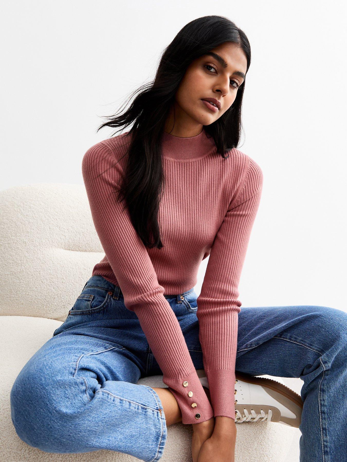 Image 1 of 4 of New Look Ribbed Buttoned Cuff Jumper - Pink