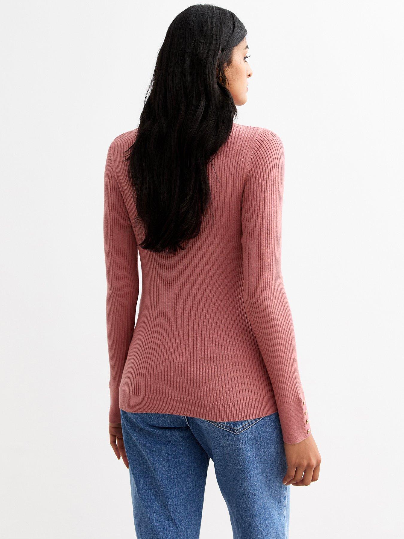 Image 2 of 4 of New Look Ribbed Buttoned Cuff Jumper - Pink