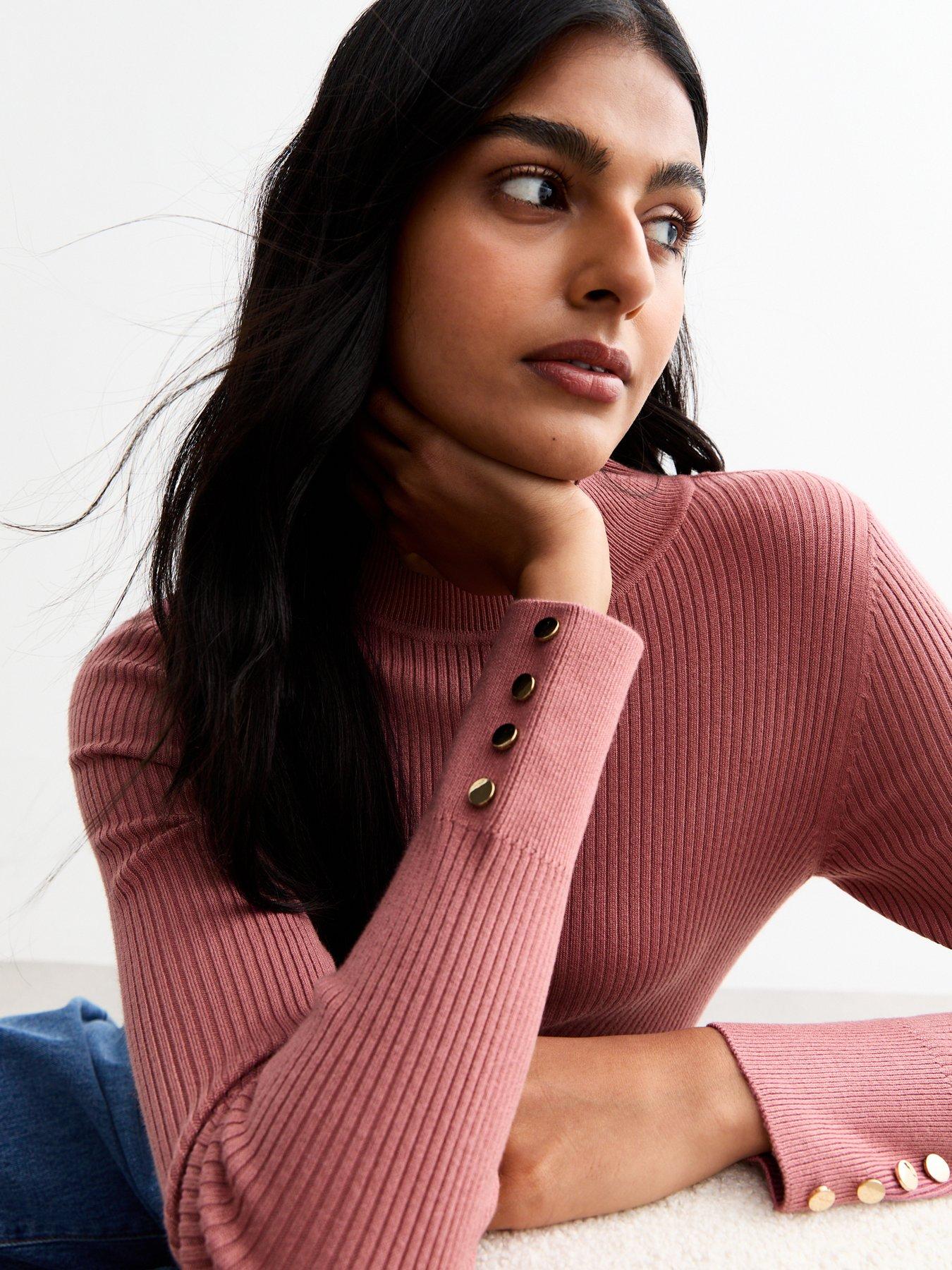Image 4 of 4 of New Look Ribbed Buttoned Cuff Jumper - Pink