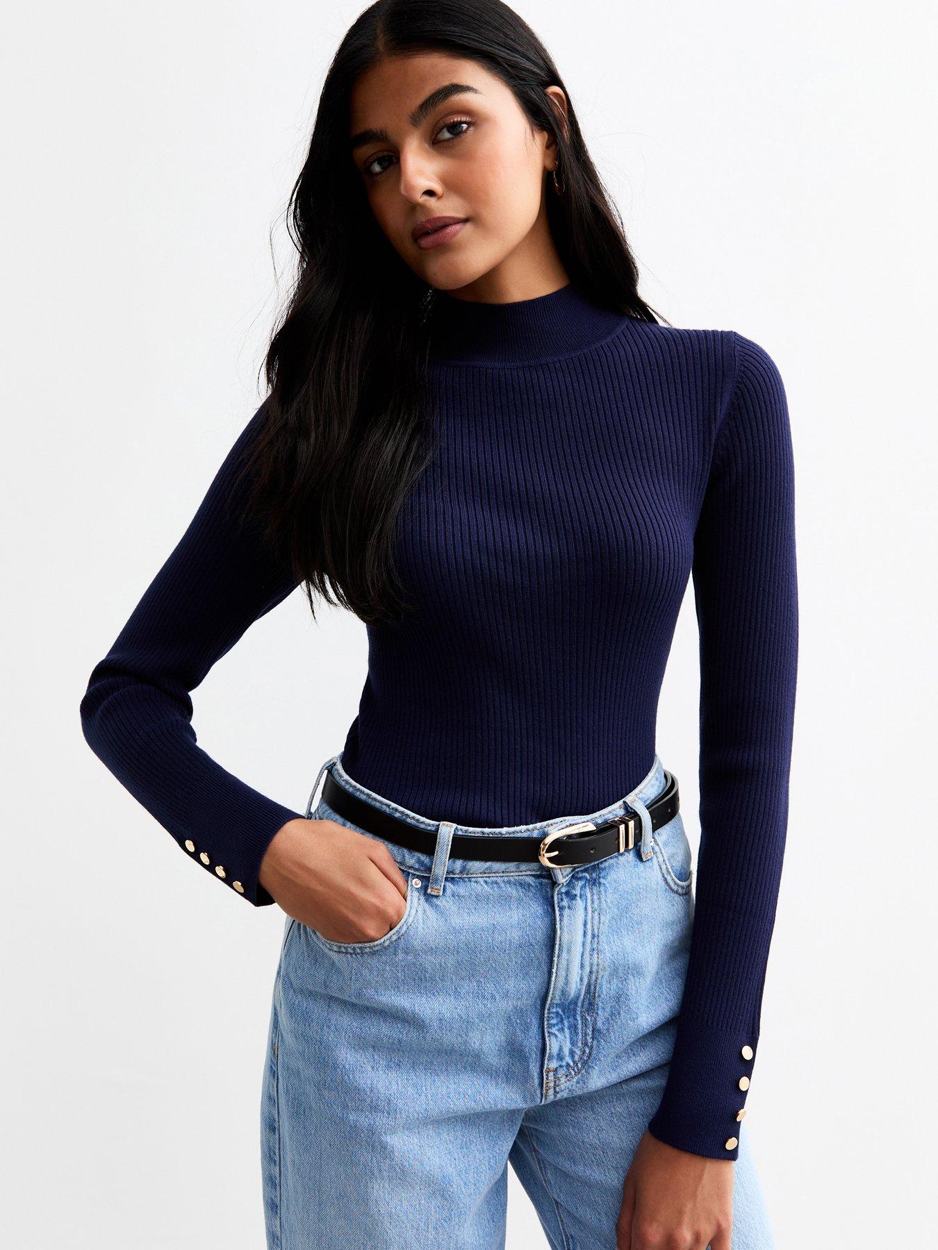 new-look-ribbed-buttoned-cuff-jumper-navy