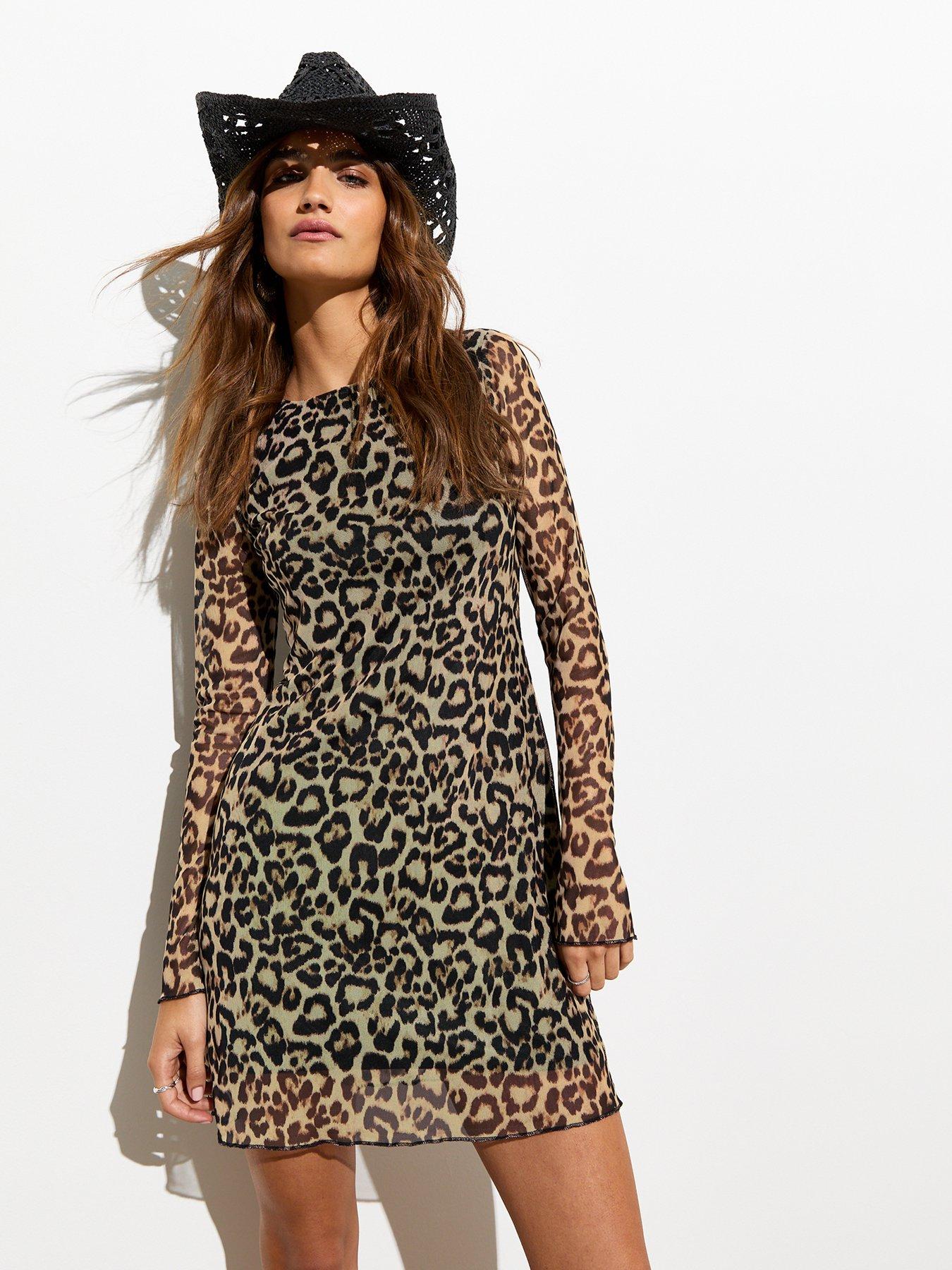 new-look-brown-mesh-animal-print-long-sleeve-mini-dress