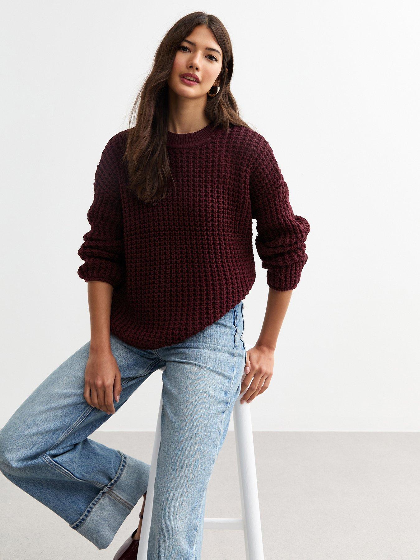 new-look-burgundy-moss-stitch-crew-neck-jumper