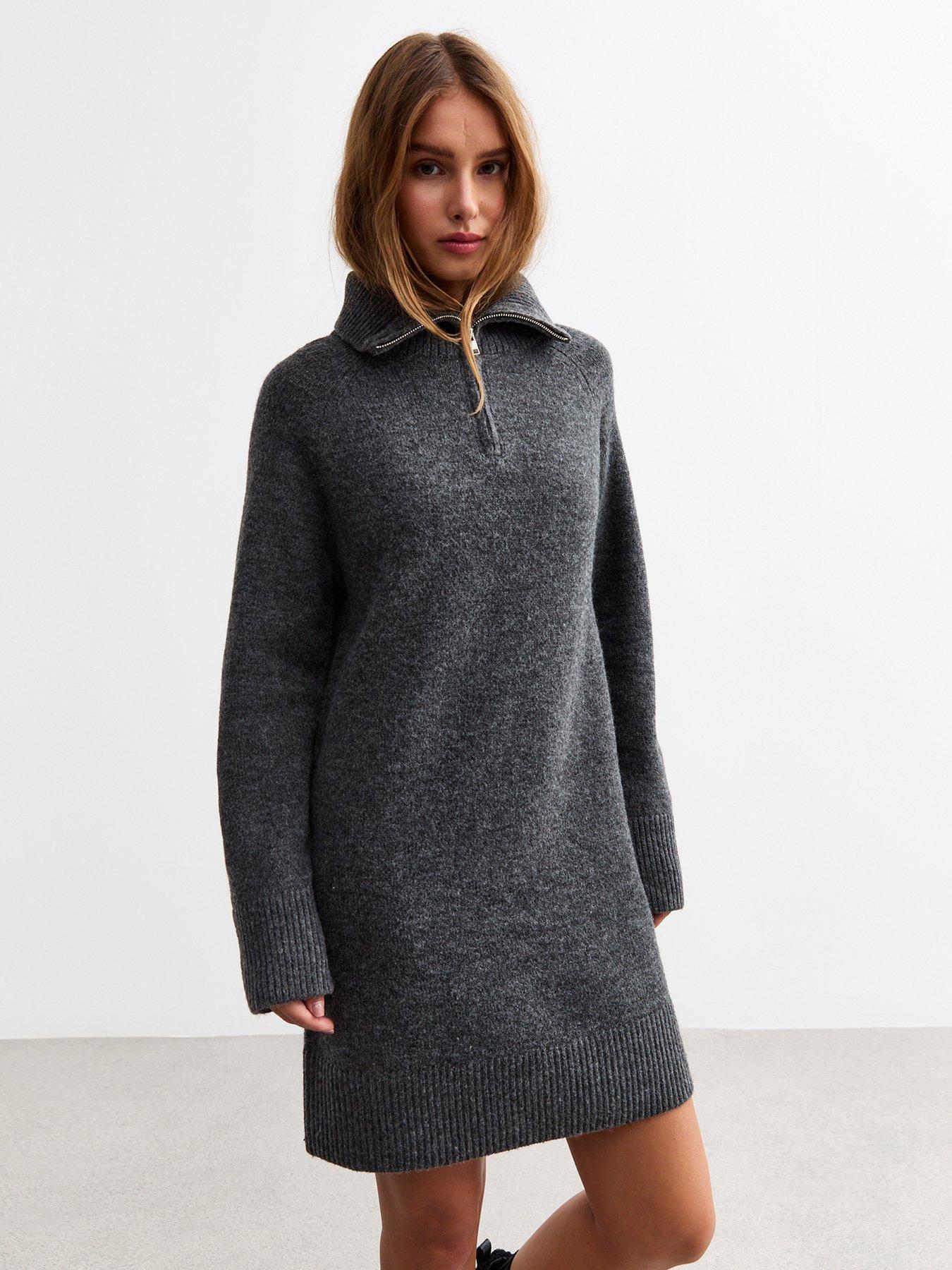 new-look-grey-knitted-half-zip-mini-jumper-dress-dark-grey