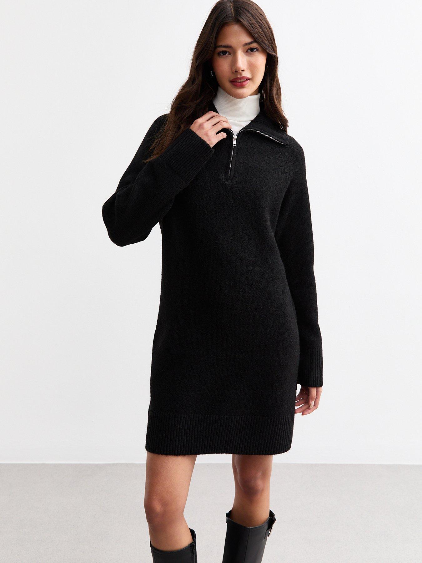 new-look-knitted-half-zip-mini-jumper-dress-black