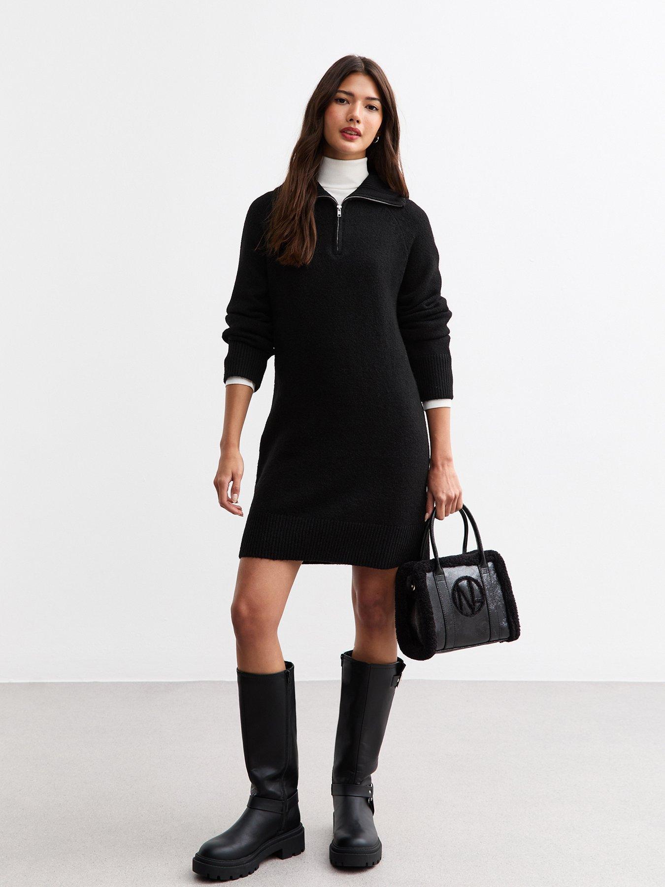 new-look-knitted-half-zip-mini-jumper-dress-blackback