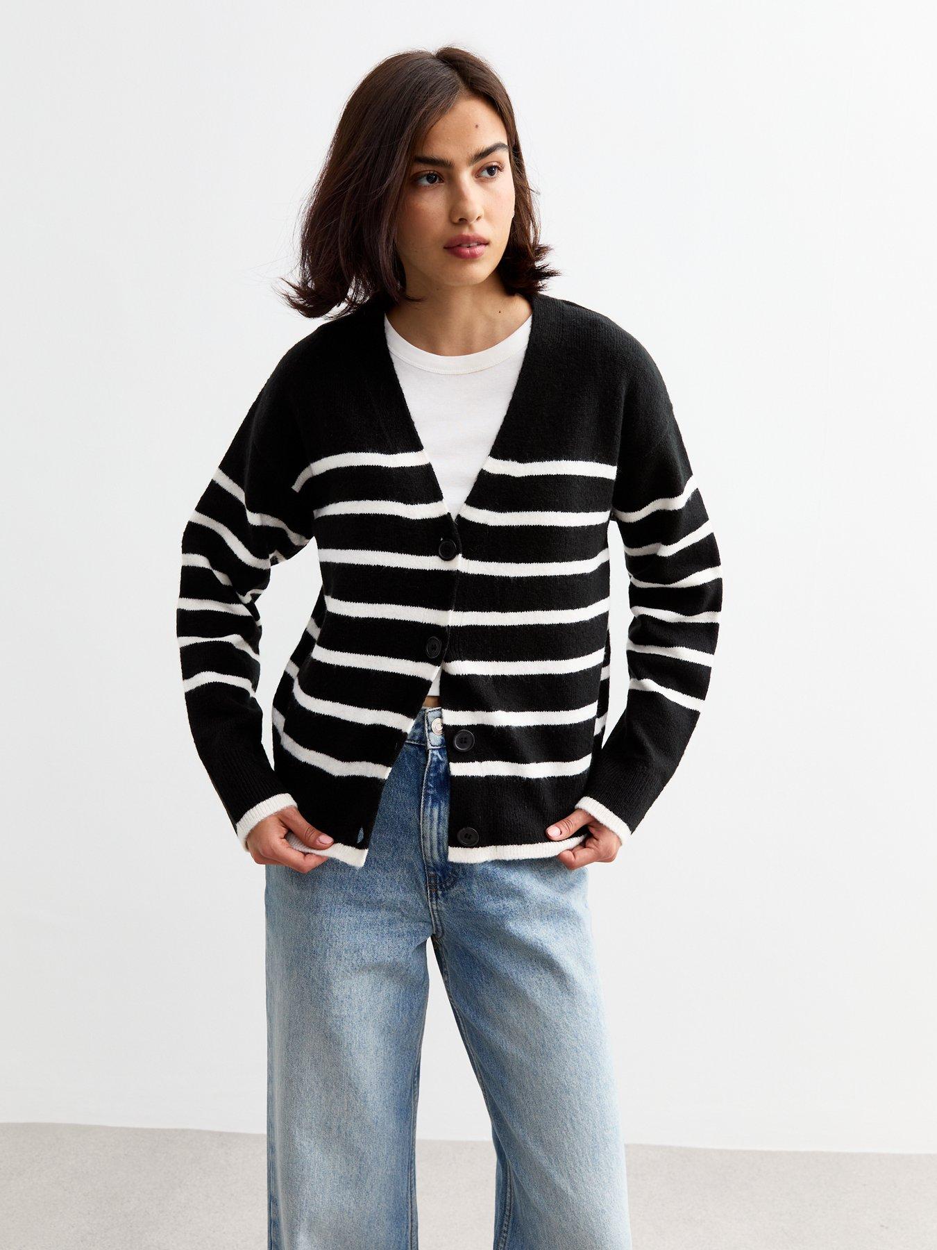 new-look-striped-button-up-knitted-cardigan-blackfront